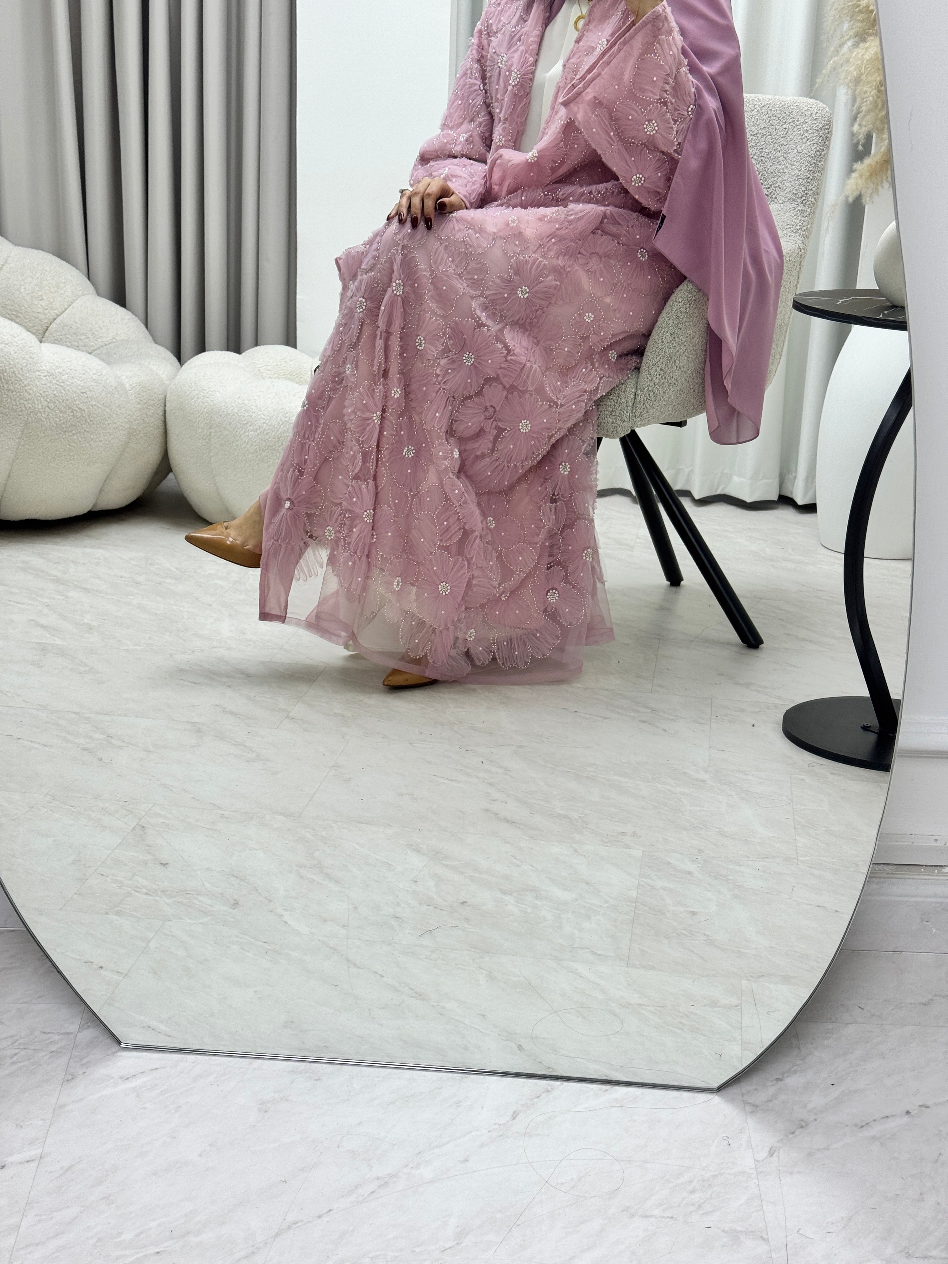 C 1289-03 Baby Pink Beaded Dantel Abaya