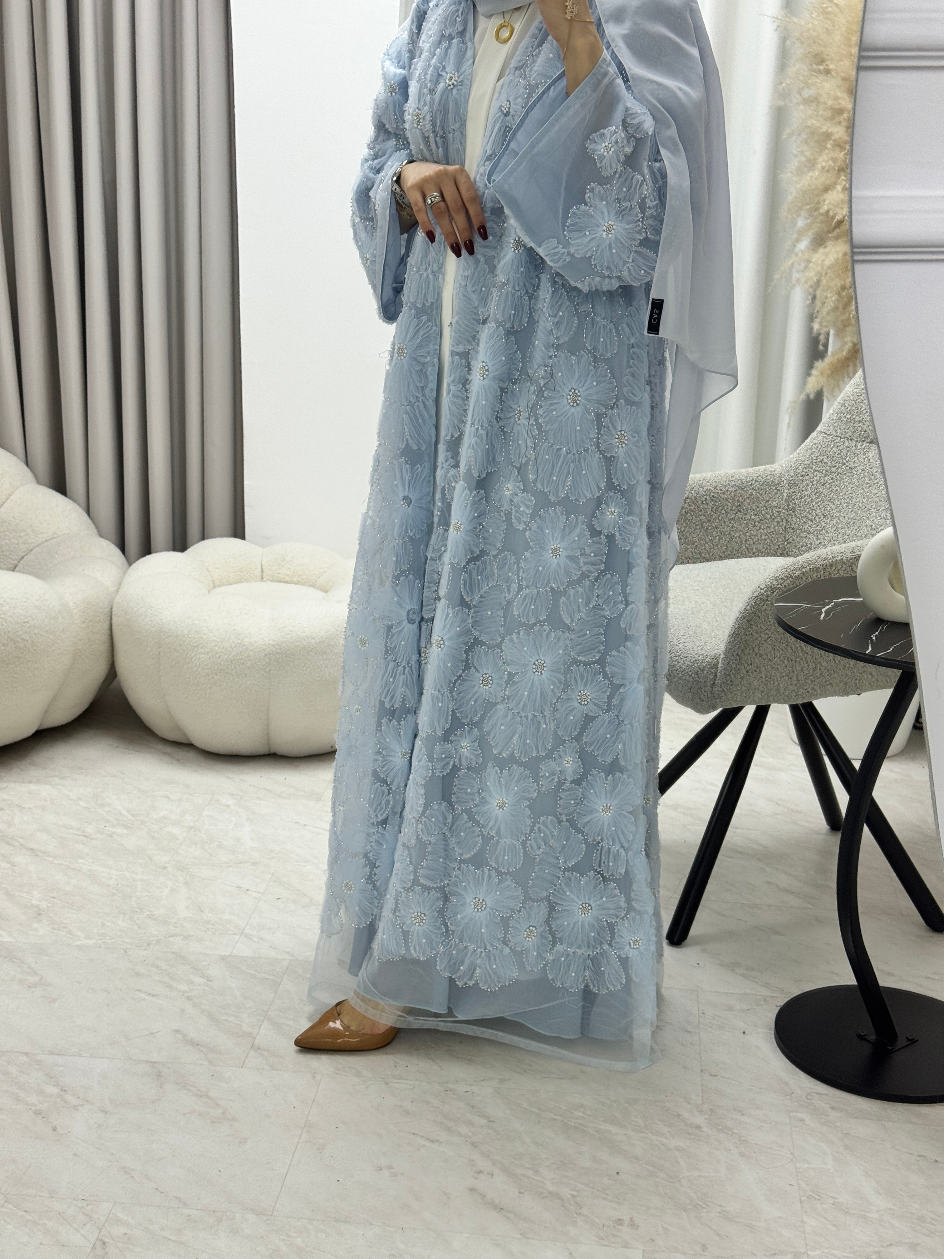 C 1289-05 Baby Blue Beaded Dantel Abaya