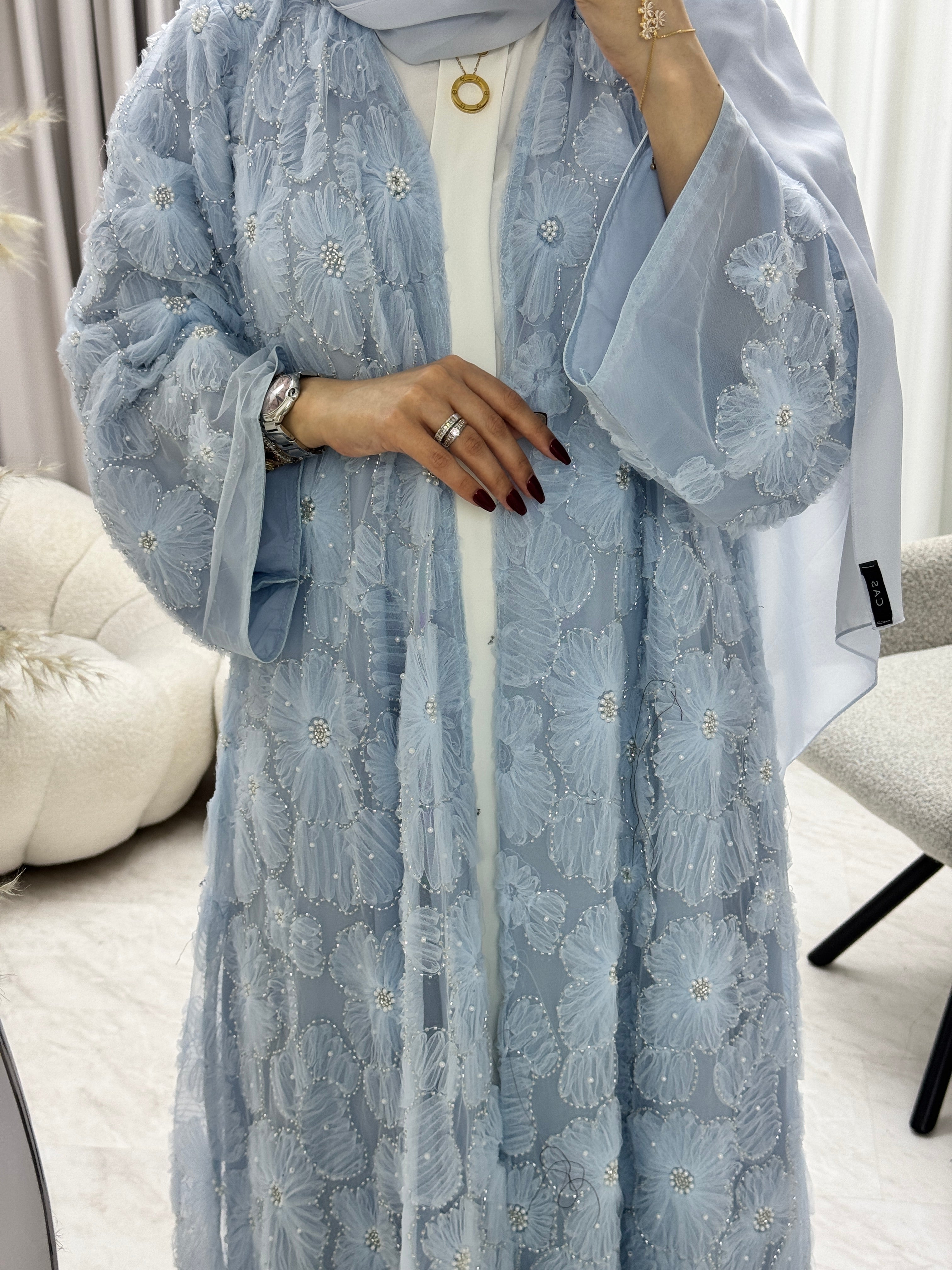 C 1289-05 Baby Blue Beaded Dantel Abaya