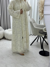 C 1289-04 Warm White Beaded Dantel Abaya
