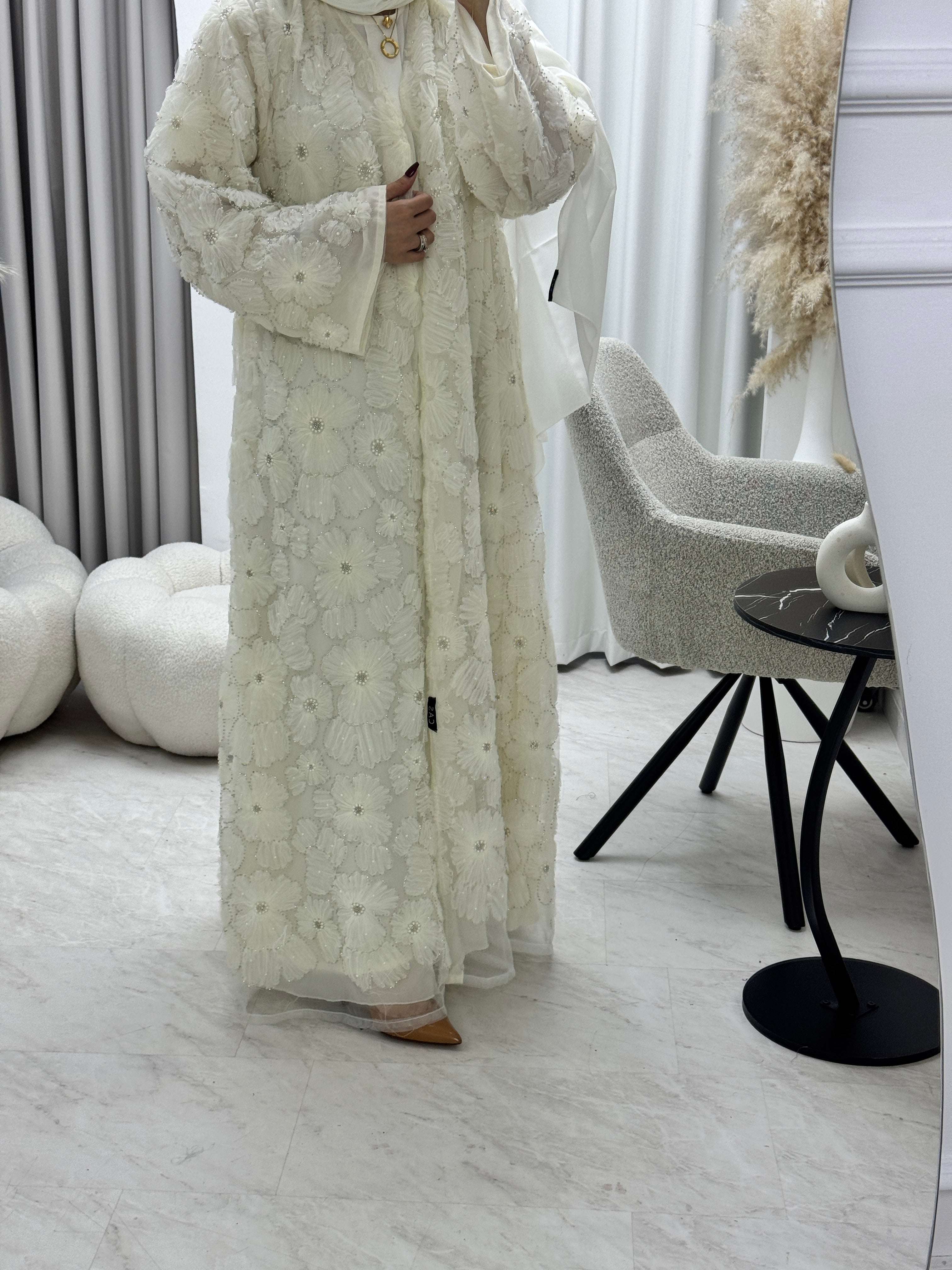 C 1289-04 Warm White Beaded Dantel Abaya