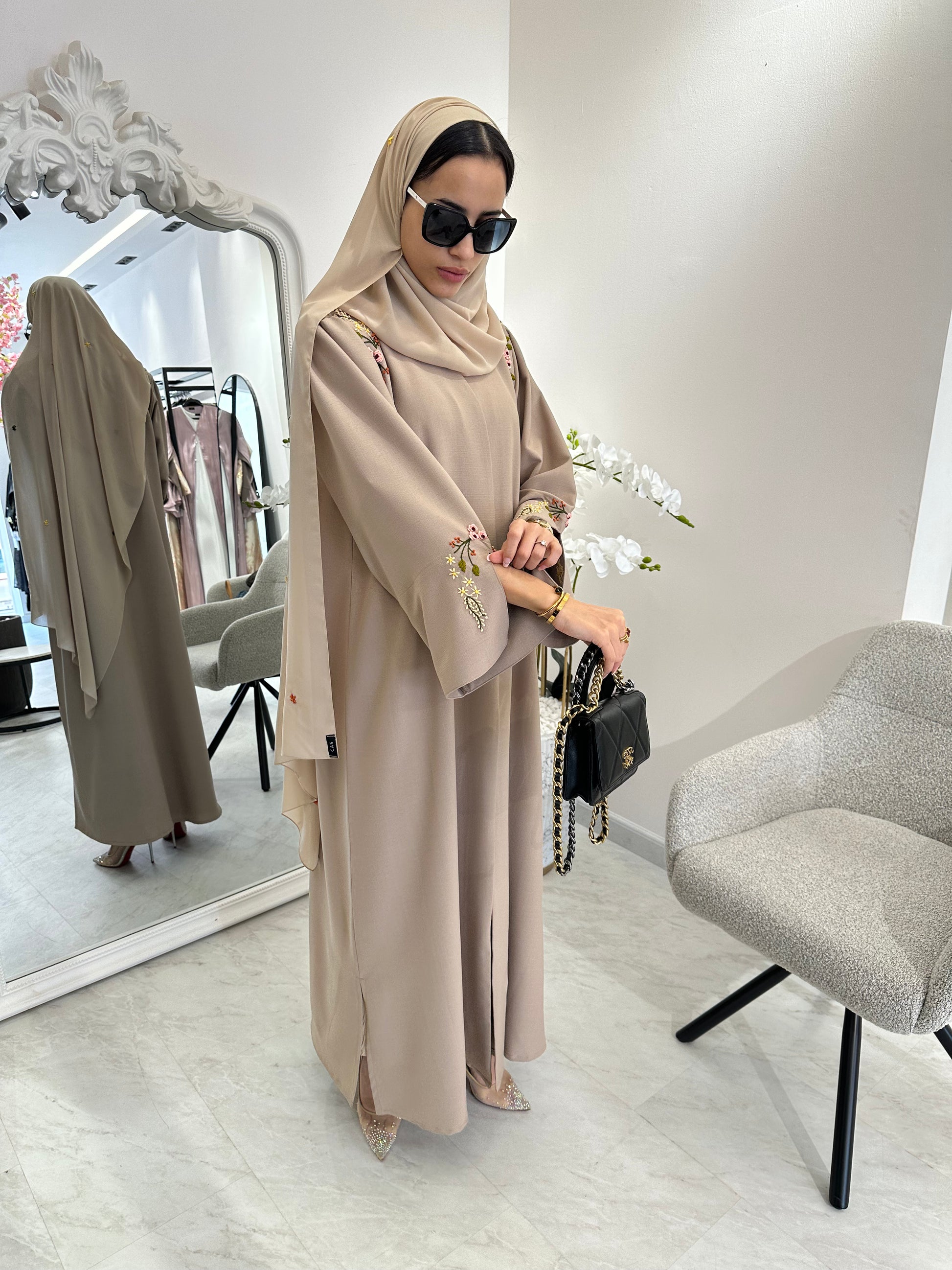 C Beige Linen Embroidered Abaya – Crystal Abaya Studio