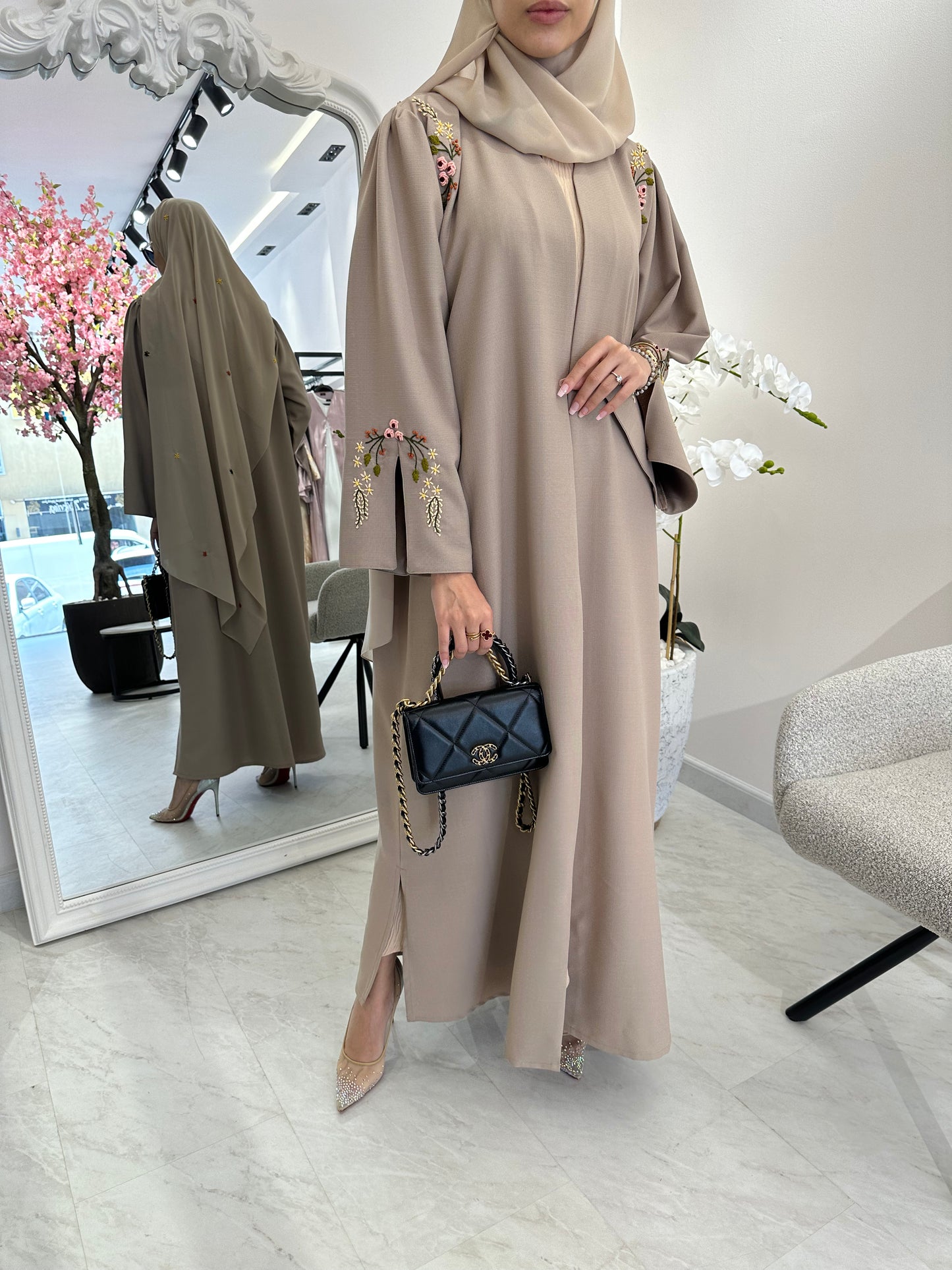 C Beige Linen Embroidered Abaya Set