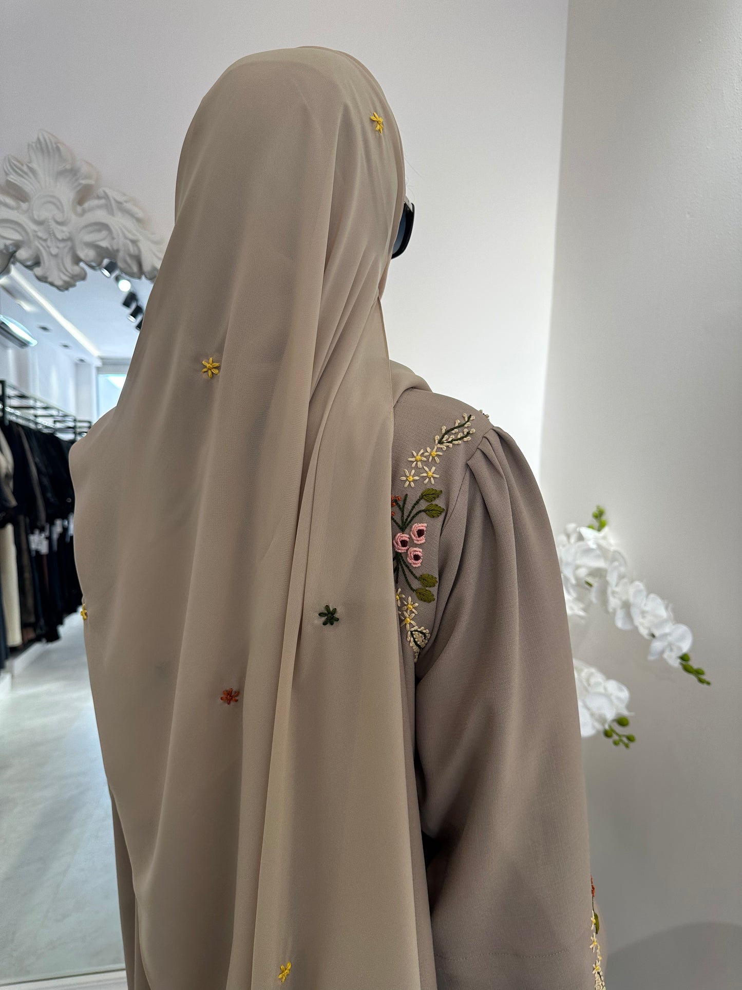 C Beige Linen Embroidered Abaya Set