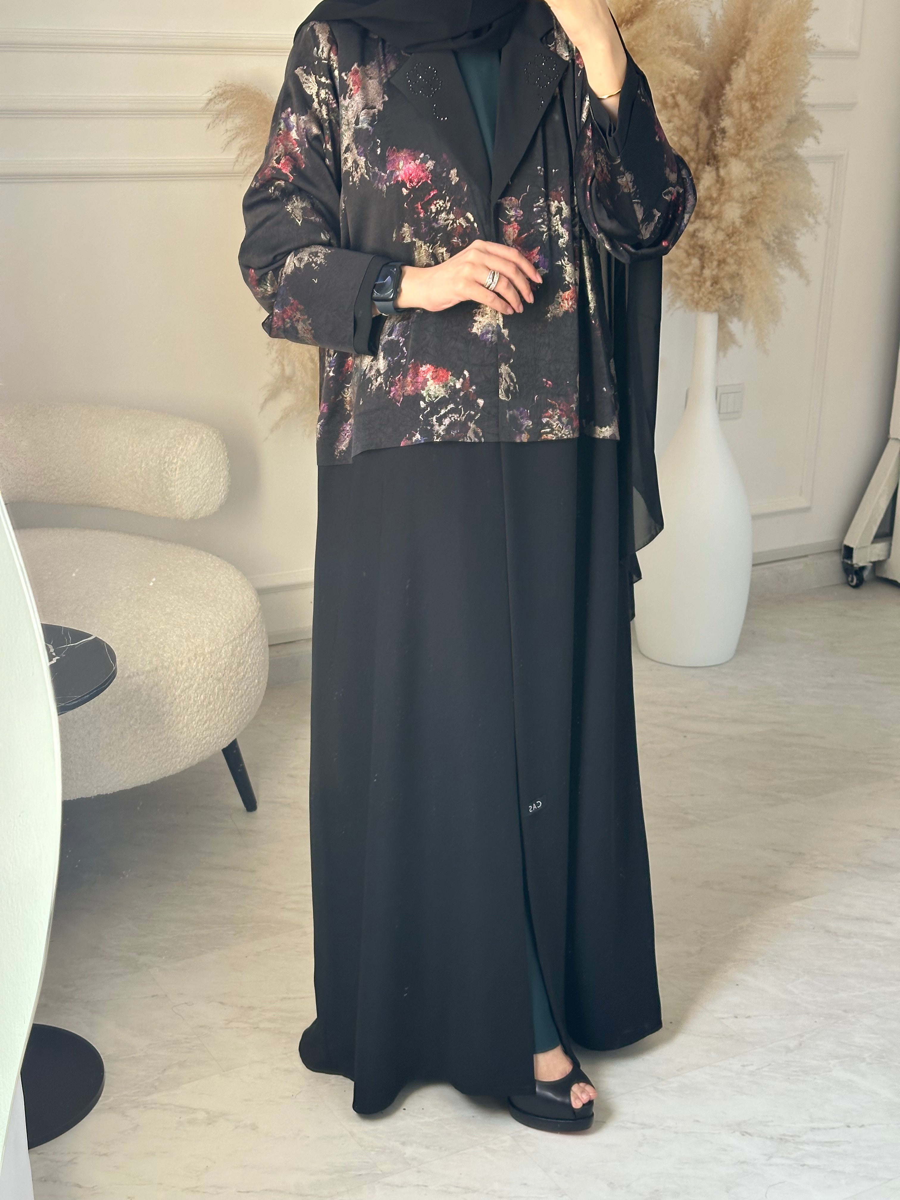 C 1099 Black Printed Coat Abaya