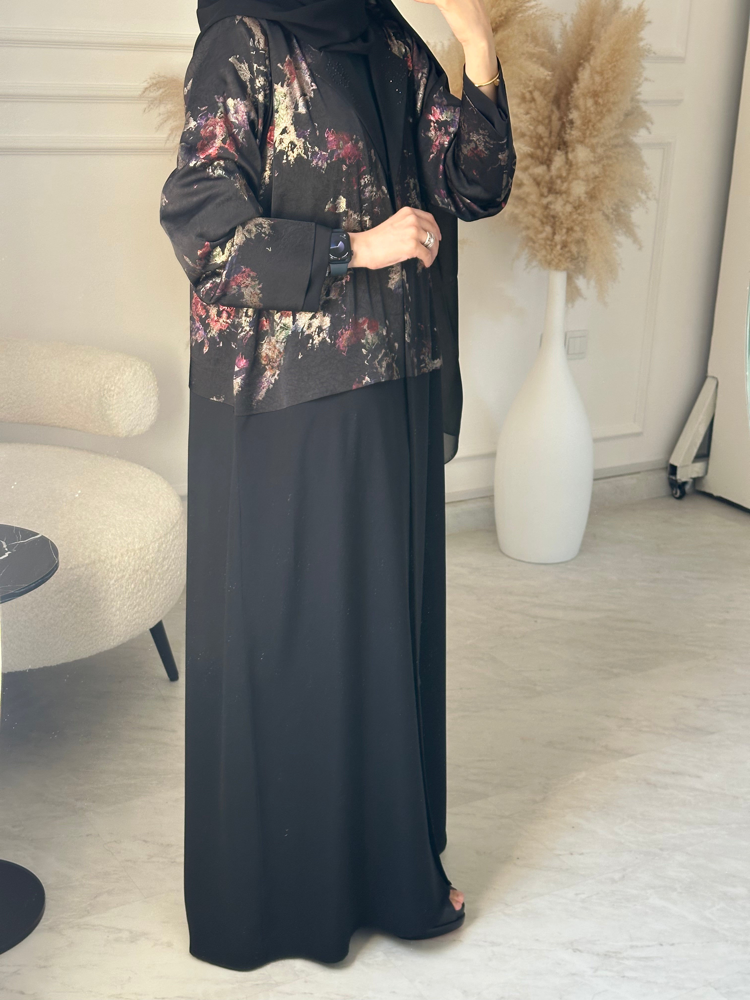 C 1099 Black Printed Coat Abaya