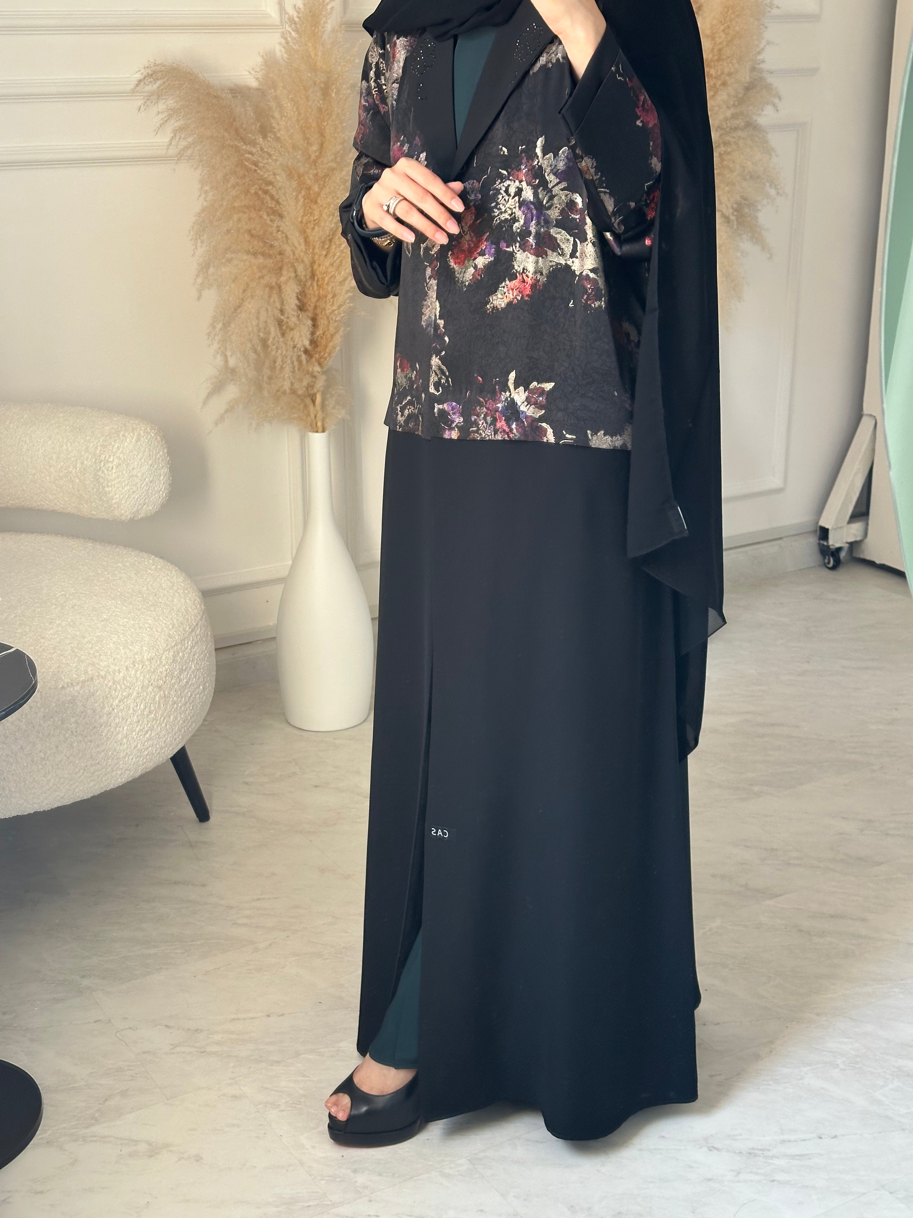 C 1099 Black Printed Coat Abaya