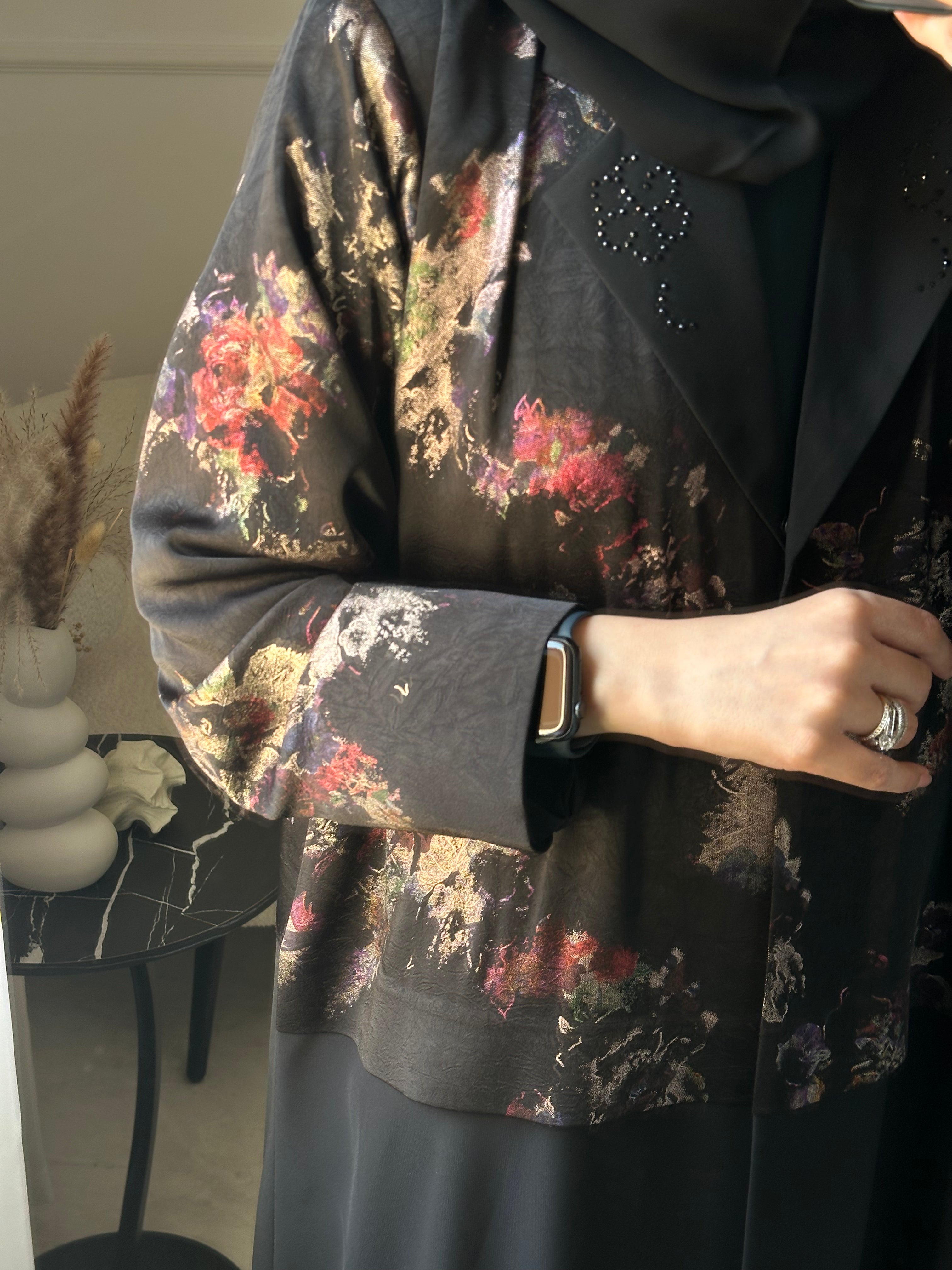 C 1099 Black Printed Coat Abaya