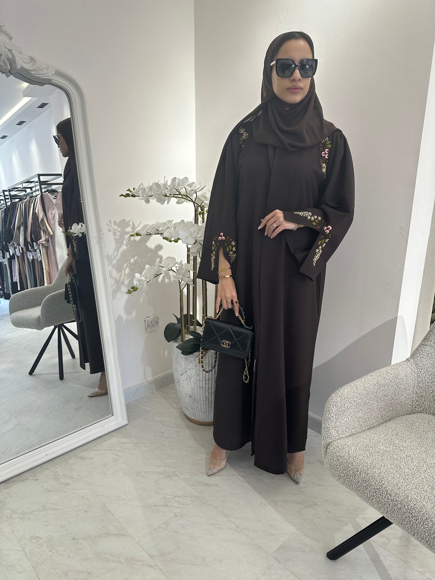 C Brown Linen Embroidered Abaya Set