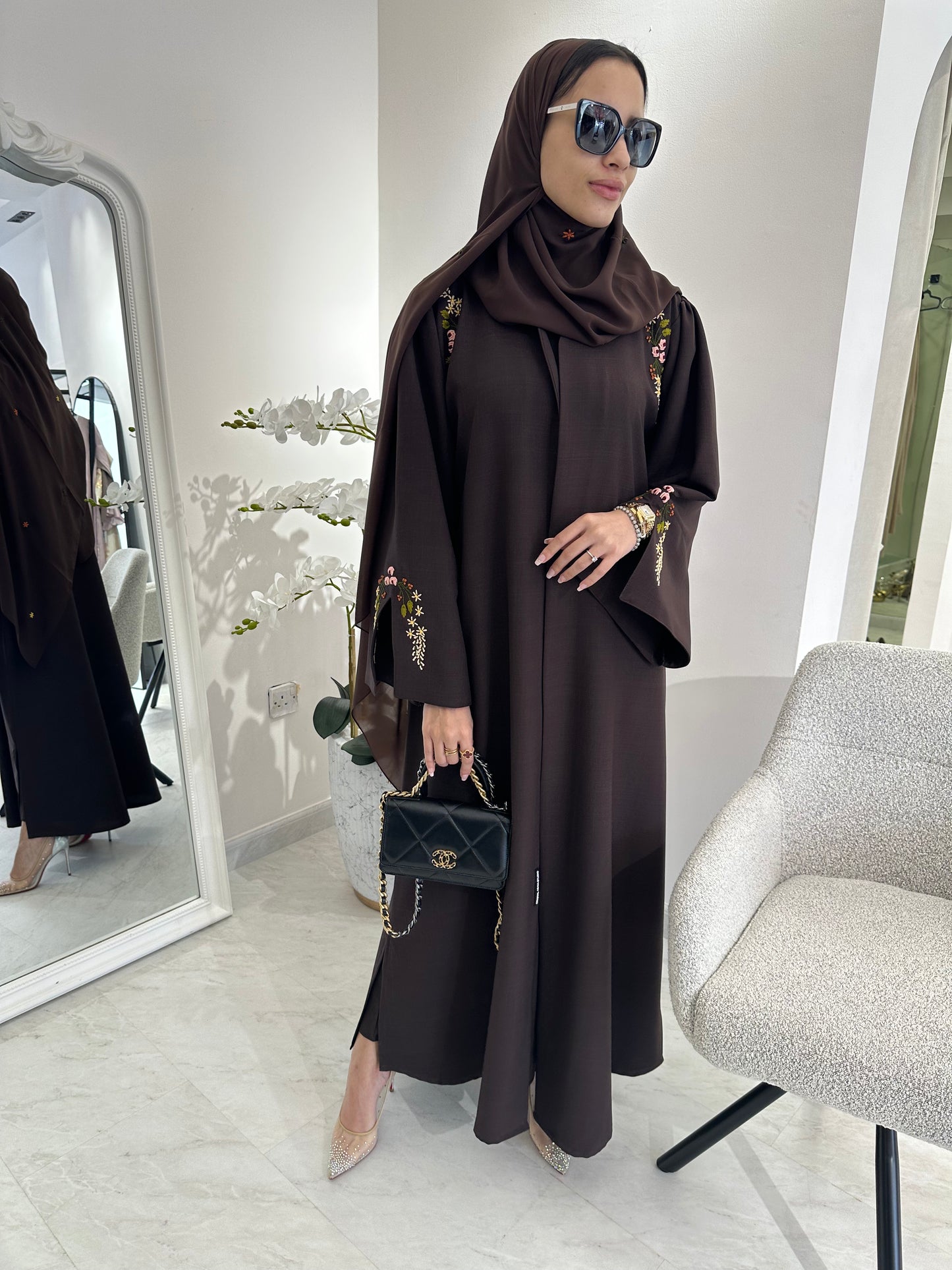 C Brown Linen Embroidered Abaya Set