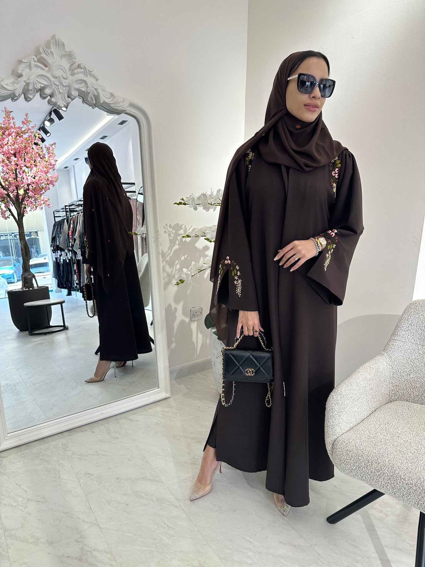 C Brown Linen Embroidered Abaya Set