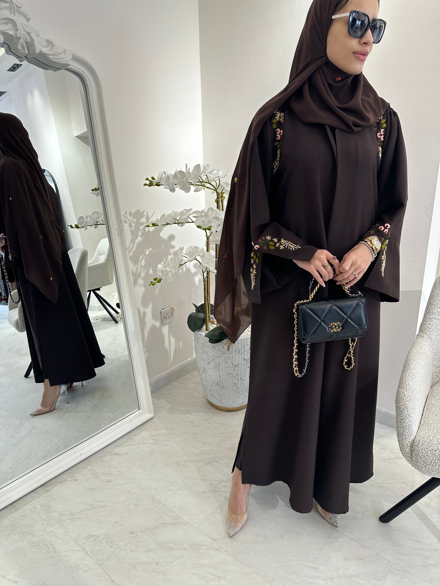 C Brown Linen Embroidered Abaya Set