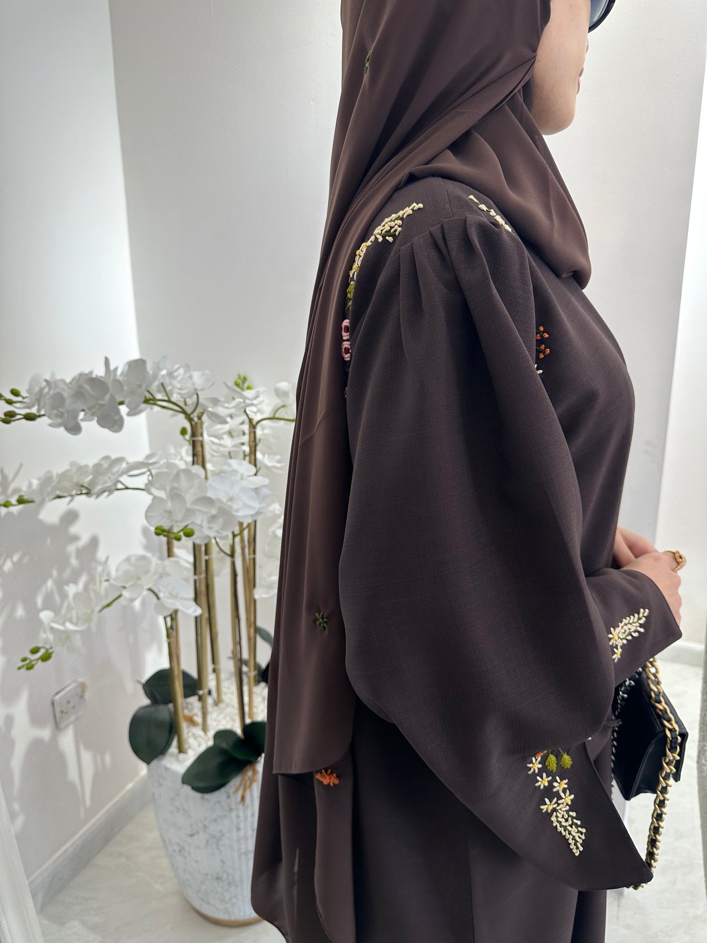 C Brown Linen Embroidered Abaya Set