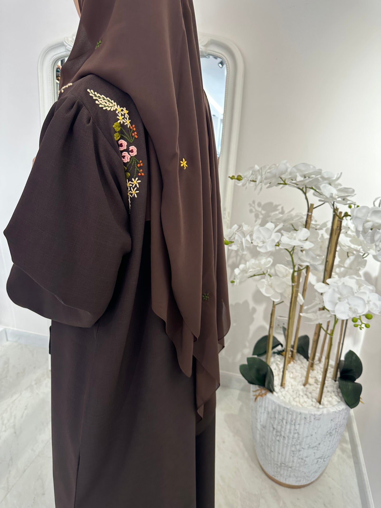 C Brown Linen Embroidered Abaya Set