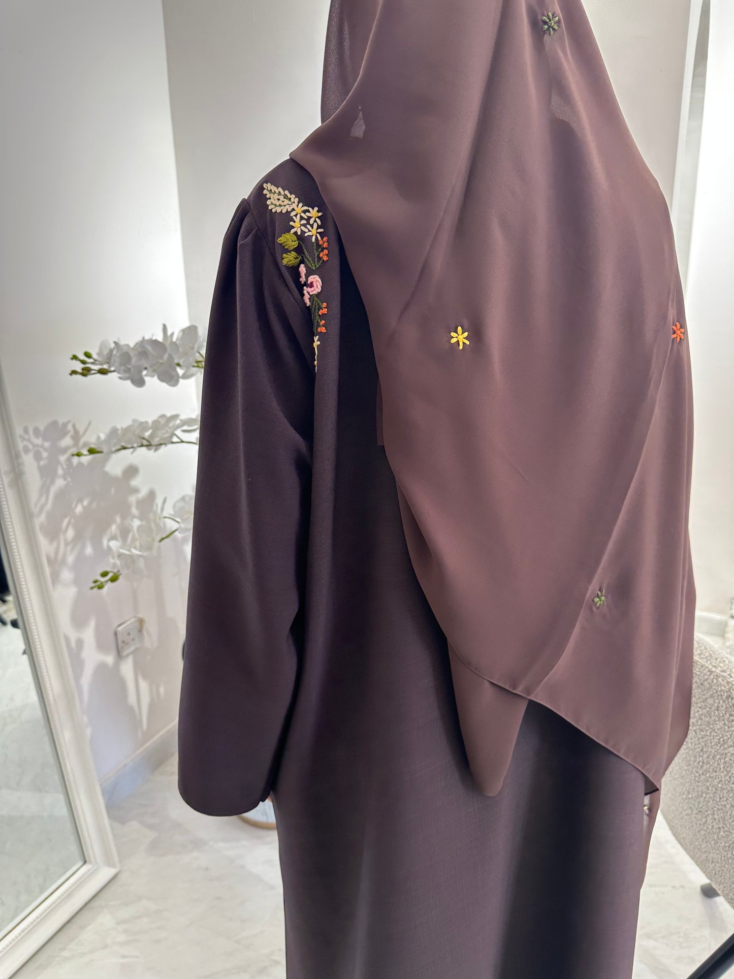 C Brown Linen Embroidered Abaya Set