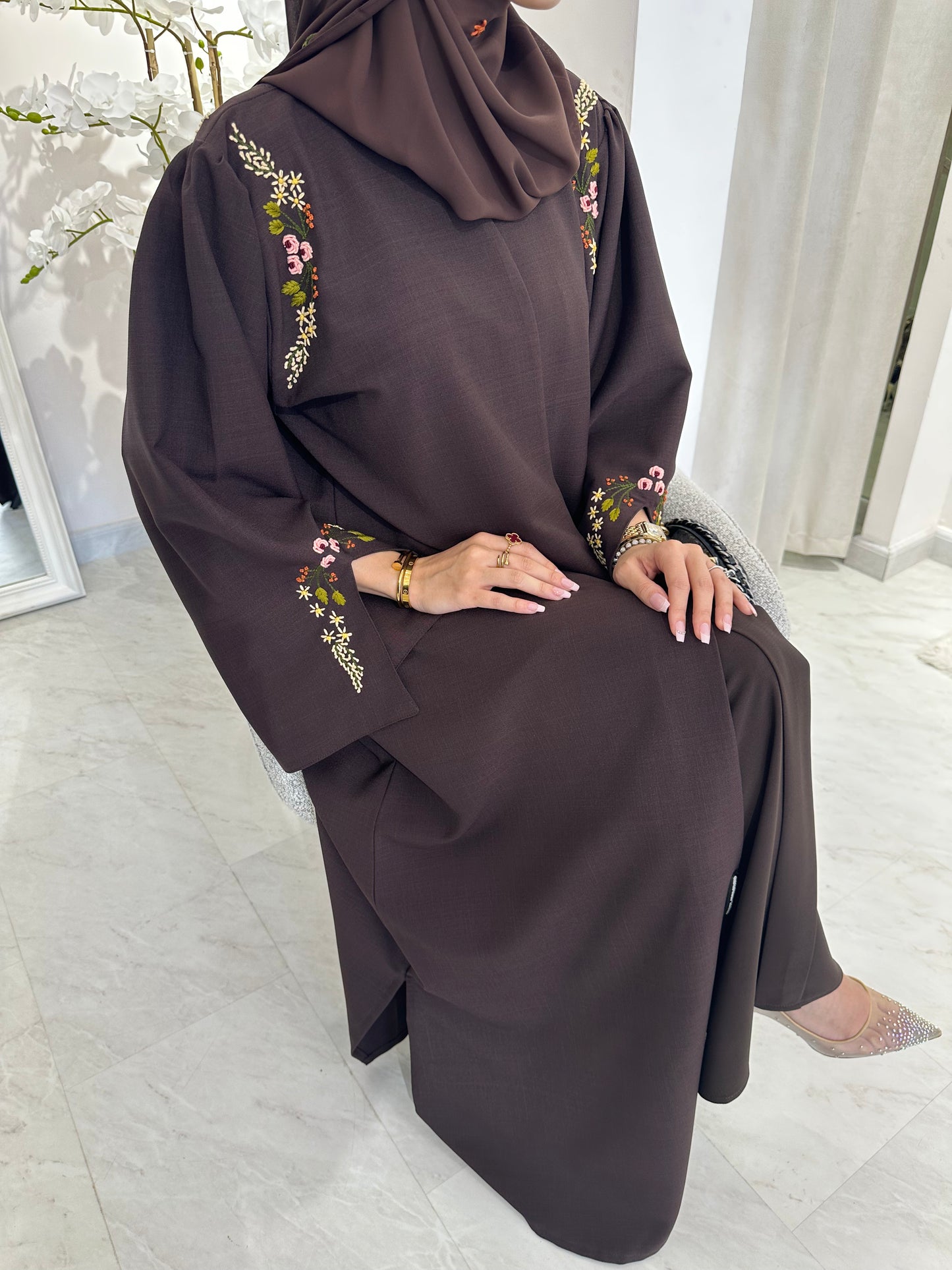 C Brown Linen Embroidered Abaya Set