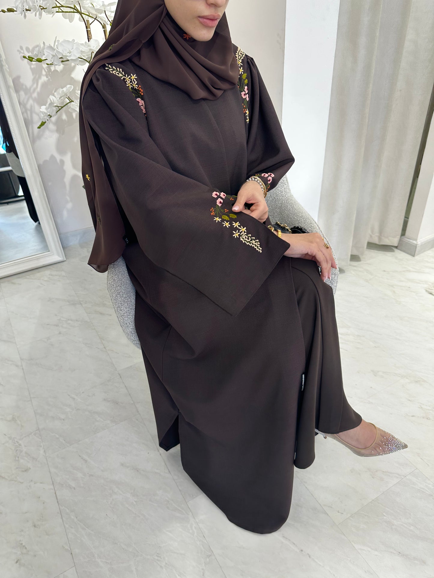 C Brown Linen Embroidered Abaya Set