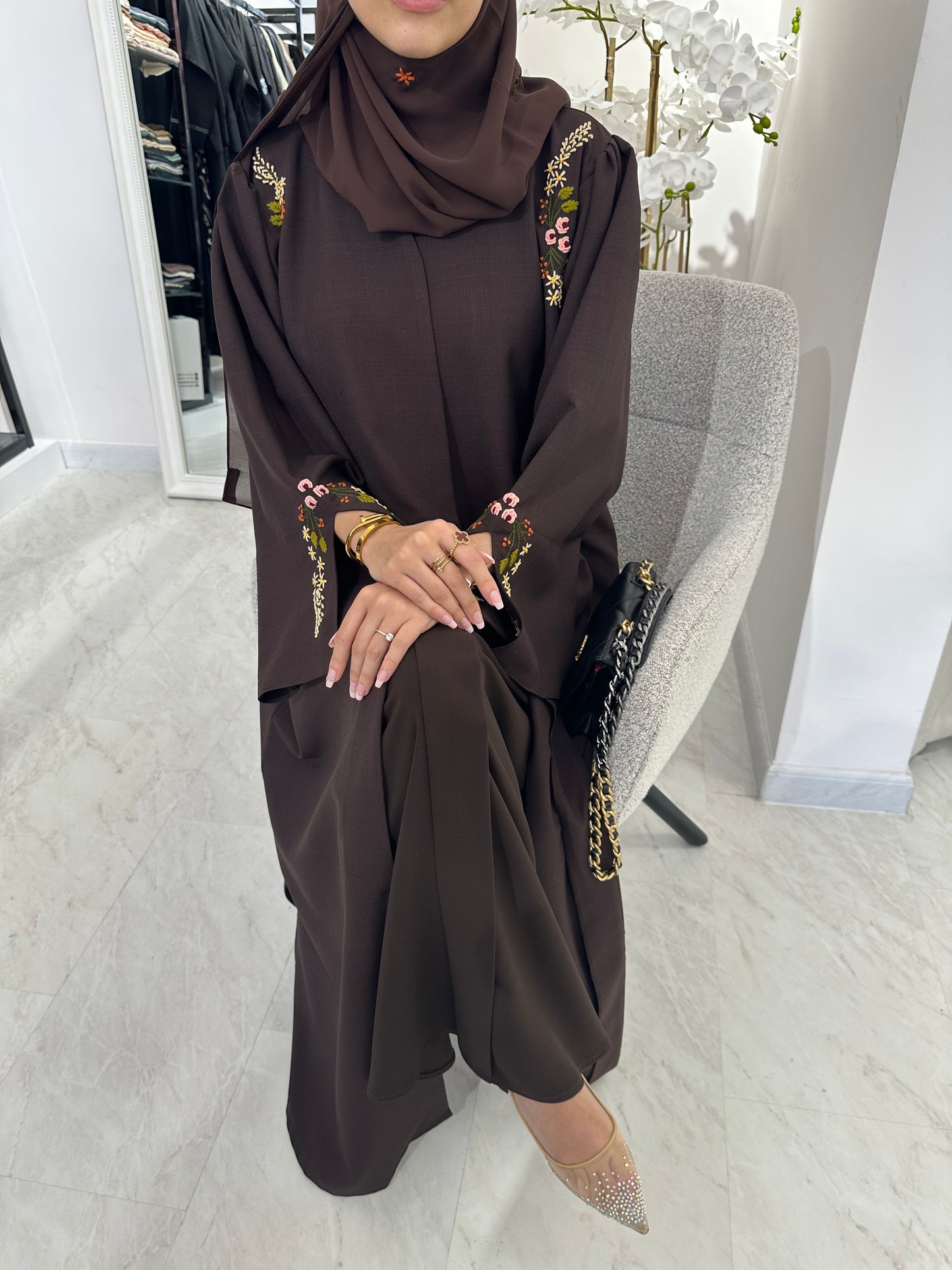 C Brown Linen Embroidered Abaya Set