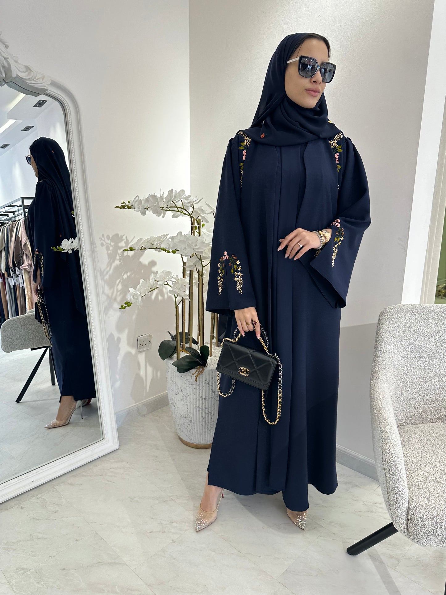 C Blue Linen Embroidered Abaya Set