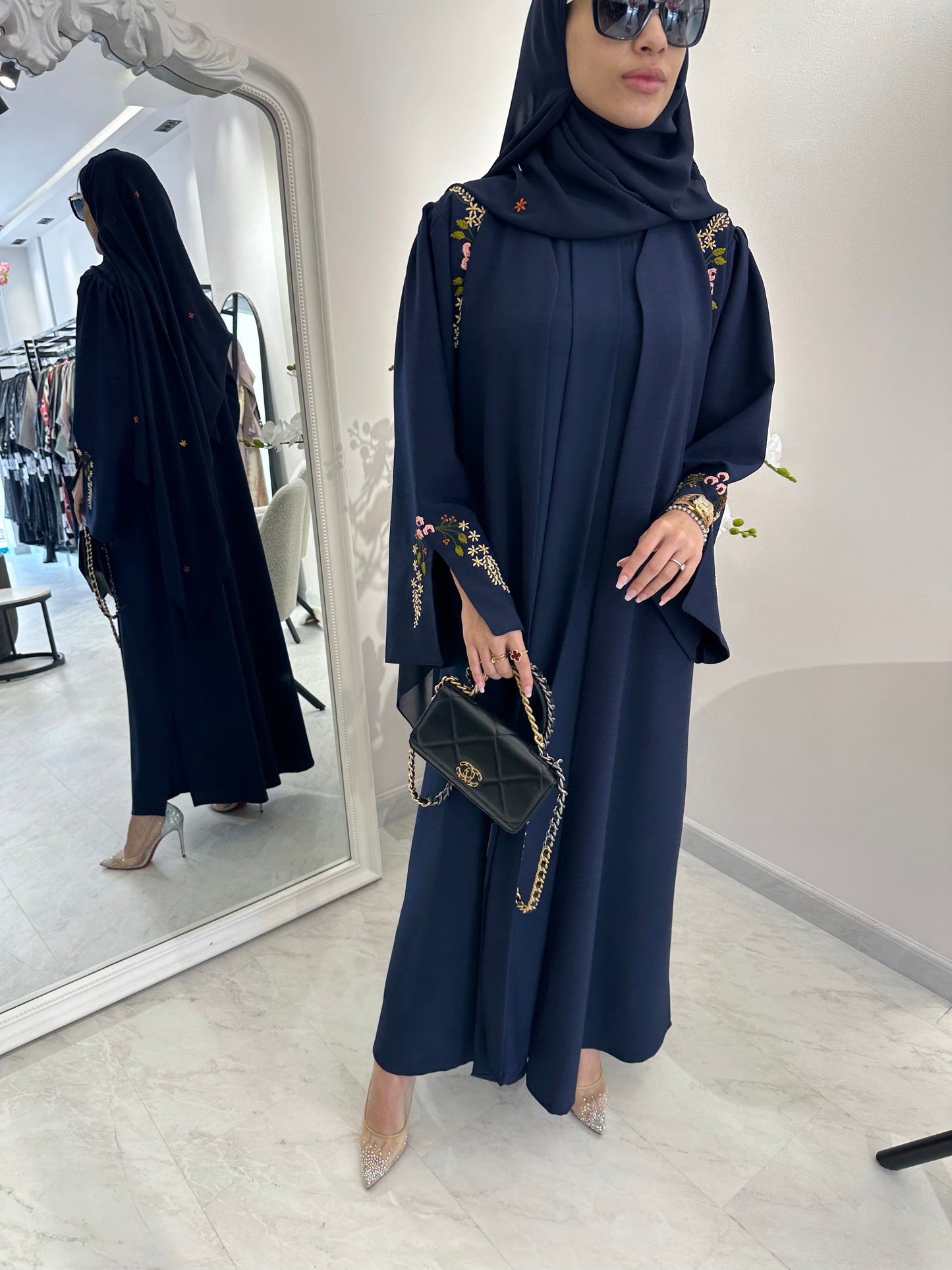 C Blue Linen Embroidered Abaya Set