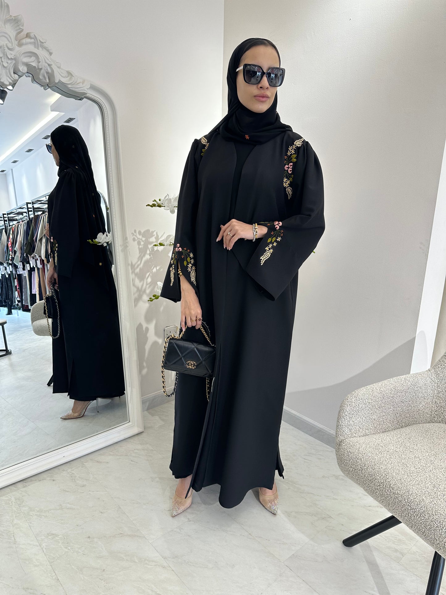 C Black Linen Embroidered Abaya Set