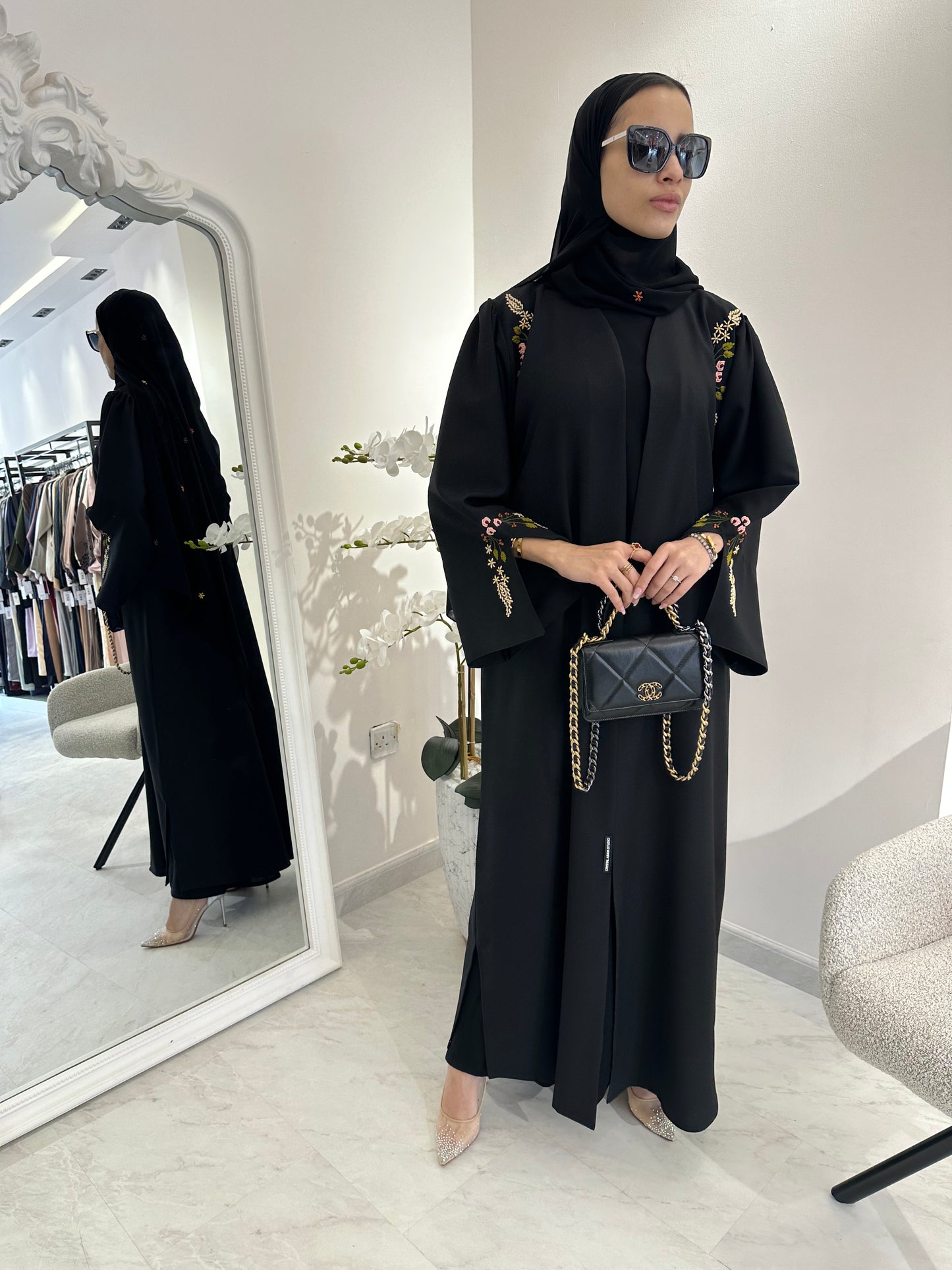 C RTW Black Linen Embroidered Abaya Set