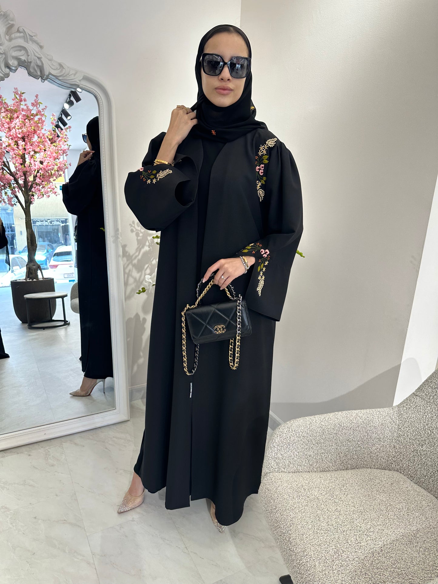 C Black Linen Embroidered Abaya Set