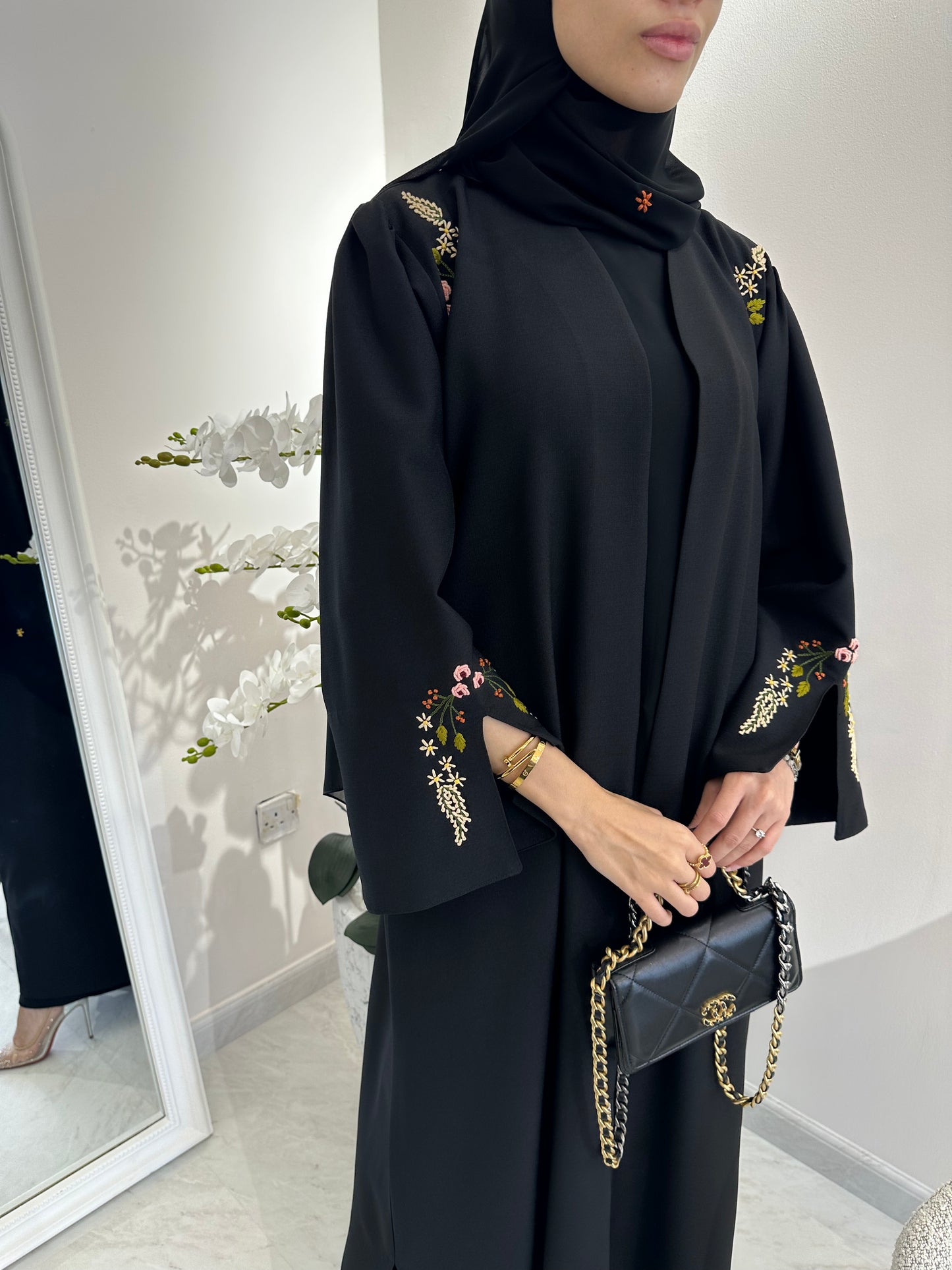 C RTW Black Linen Embroidered Abaya Set