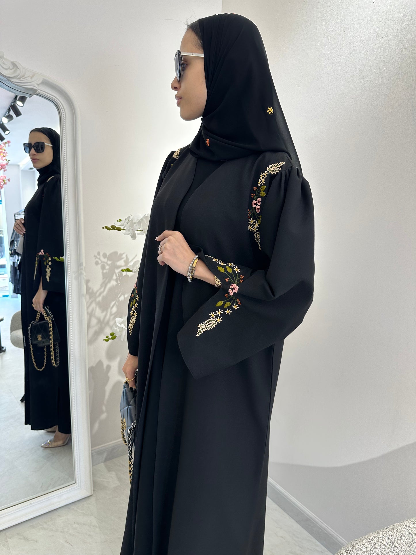 C Black Linen Embroidered Abaya Set