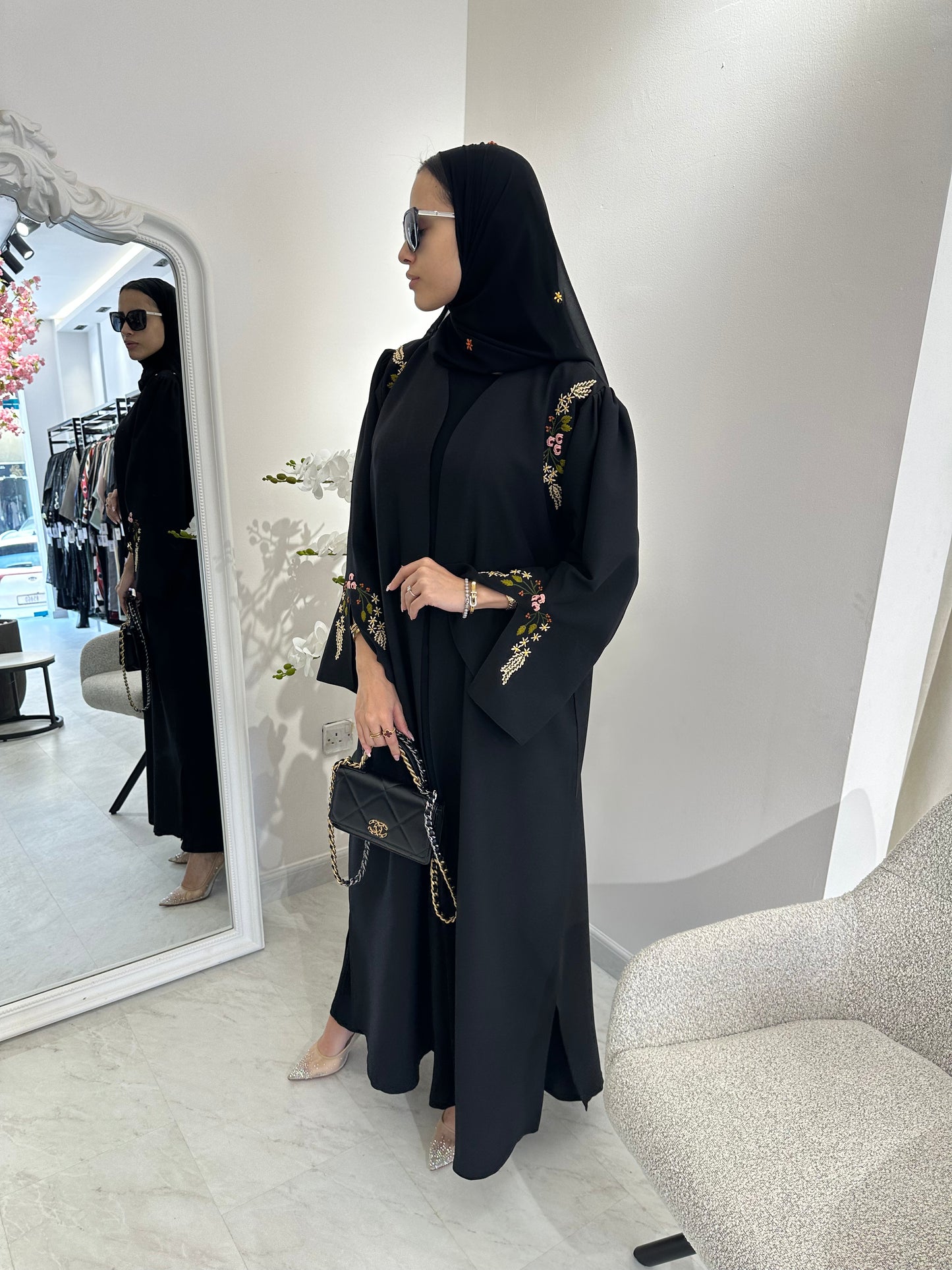 C RTW Black Linen Embroidered Abaya Set