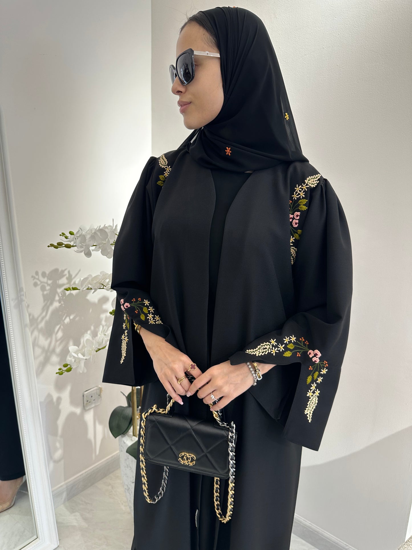 C Black Linen Embroidered Abaya Set