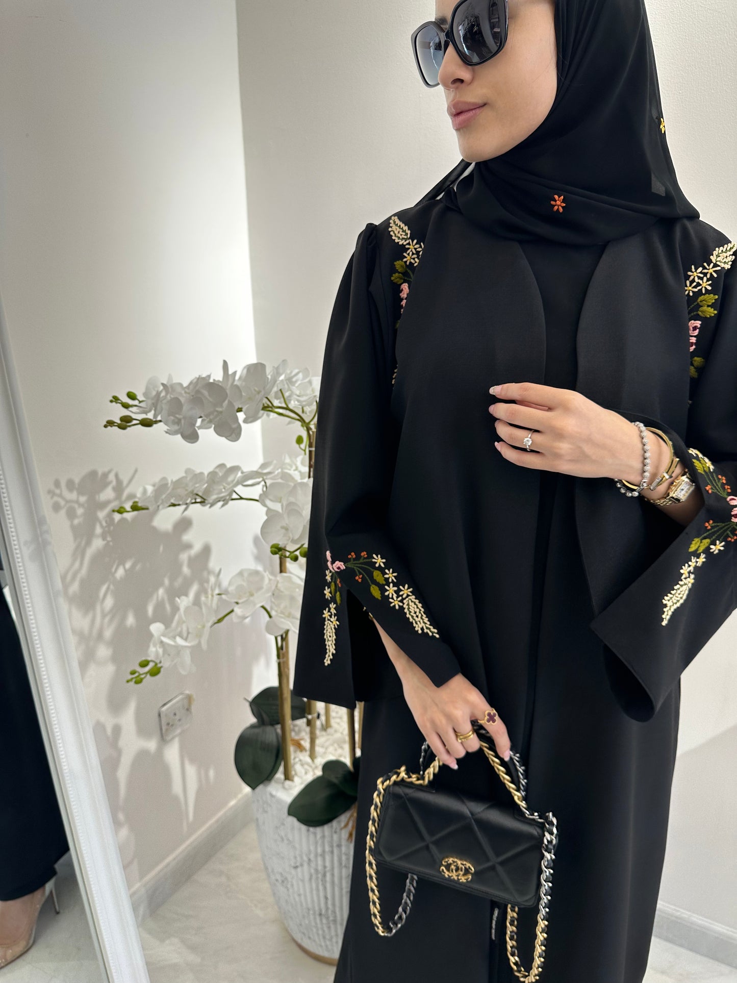 C RTW Black Linen Embroidered Abaya Set