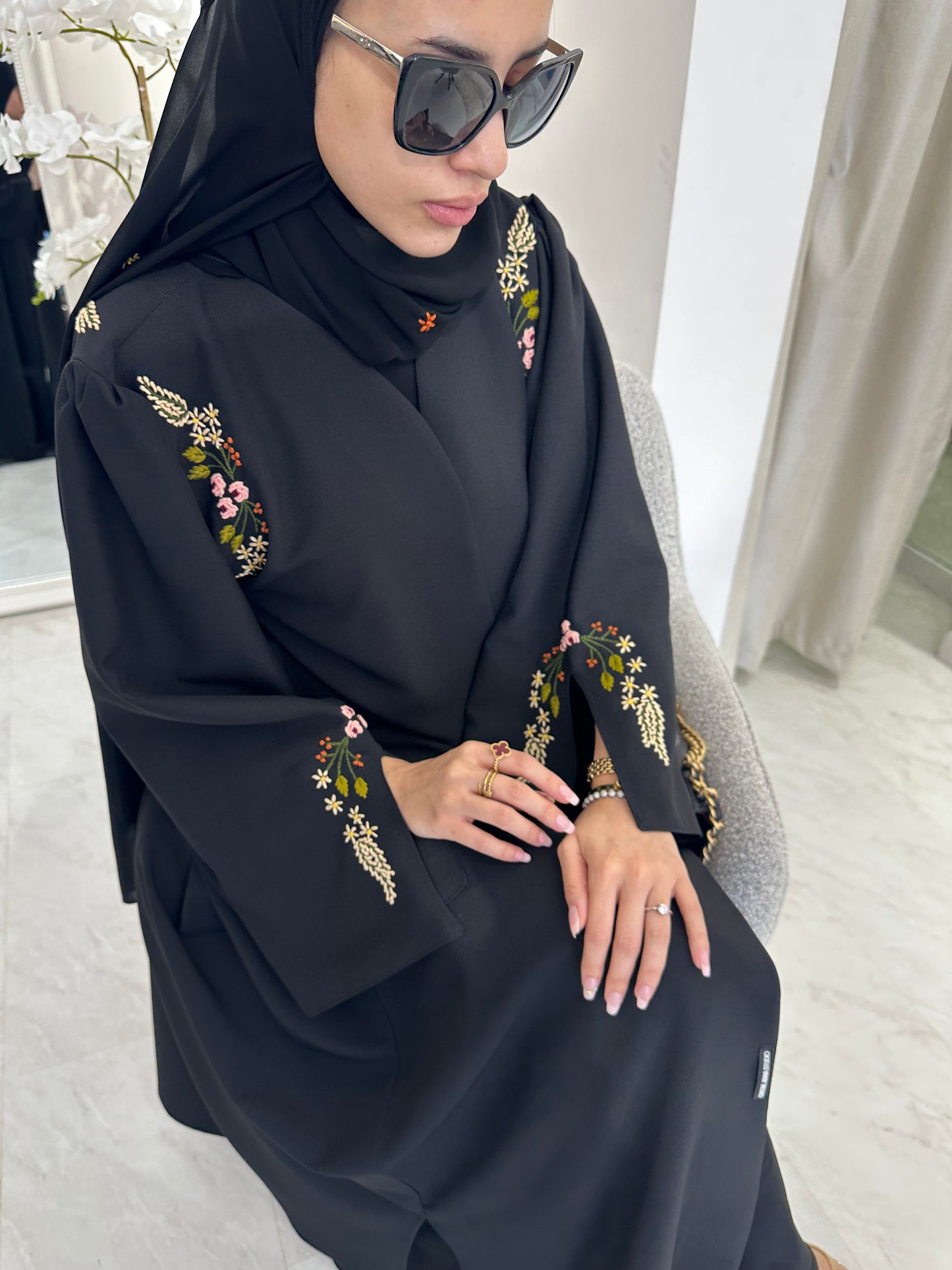 C Black Linen Embroidered Abaya Set