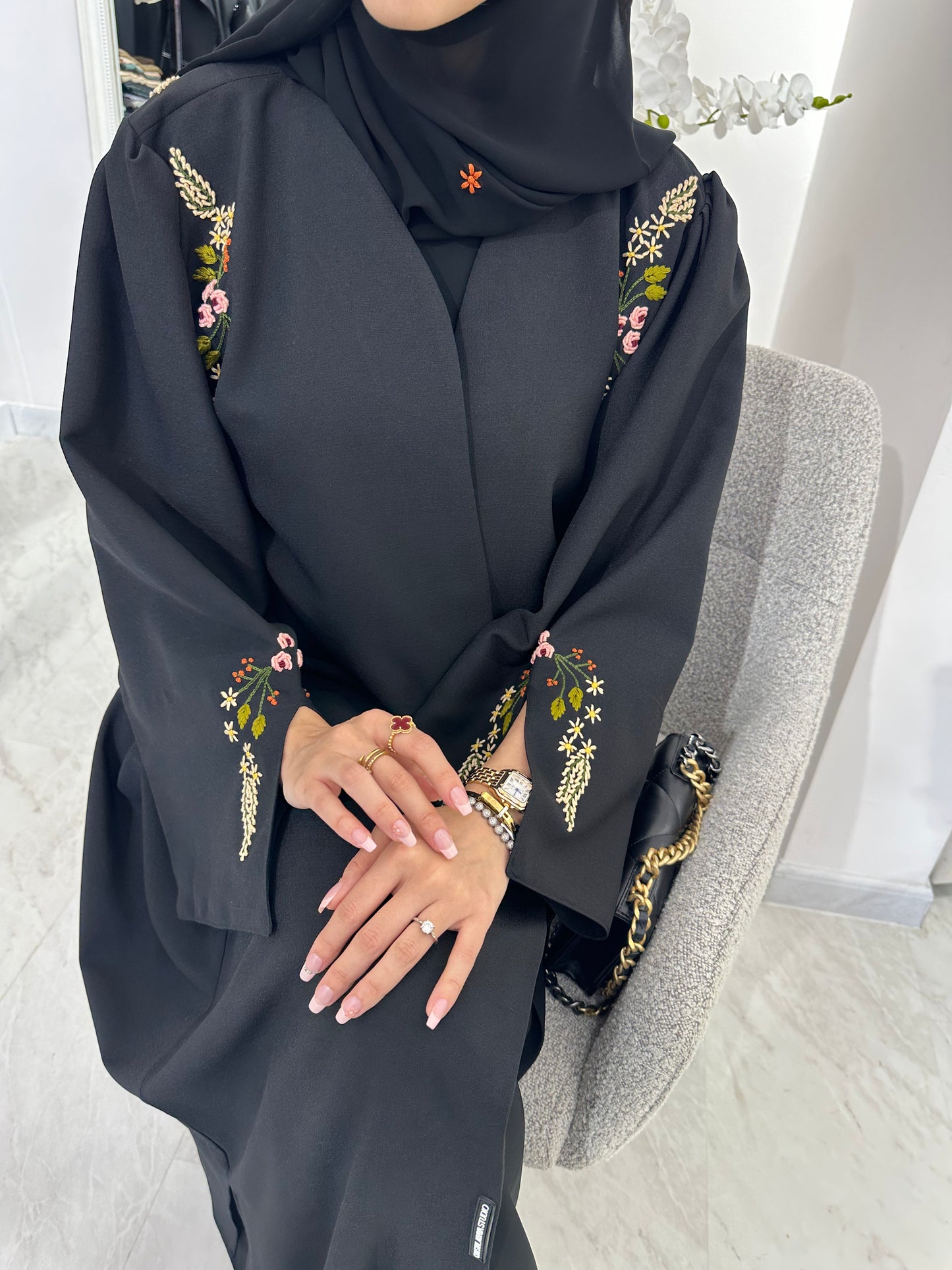 C RTW Black Linen Embroidered Abaya Set