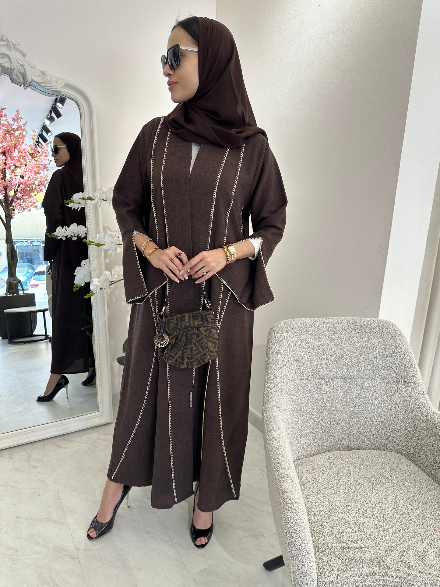 C RTW Brown Handwork Crochet Abaya