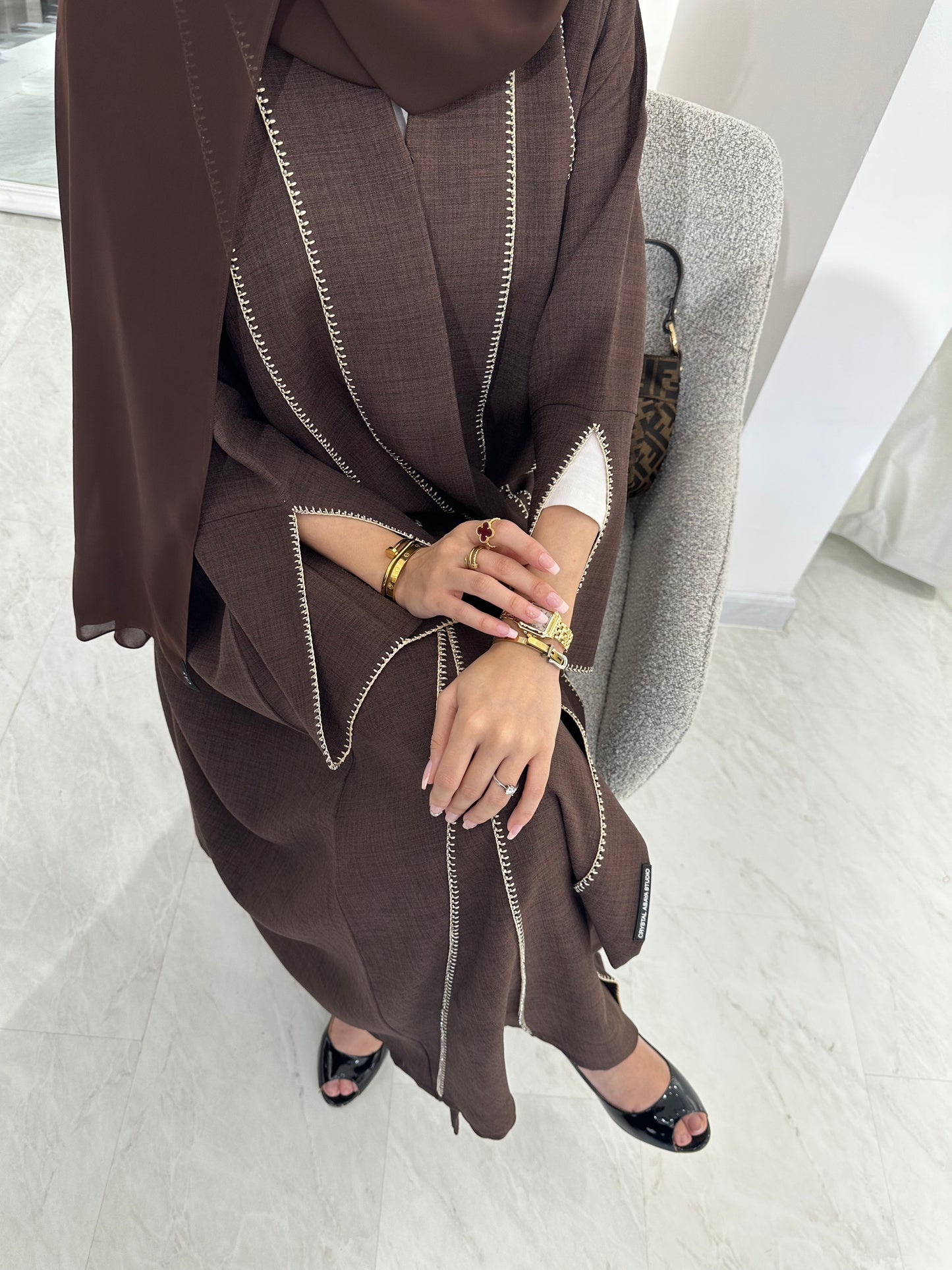 C RTW Brown Handwork Crochet Abaya