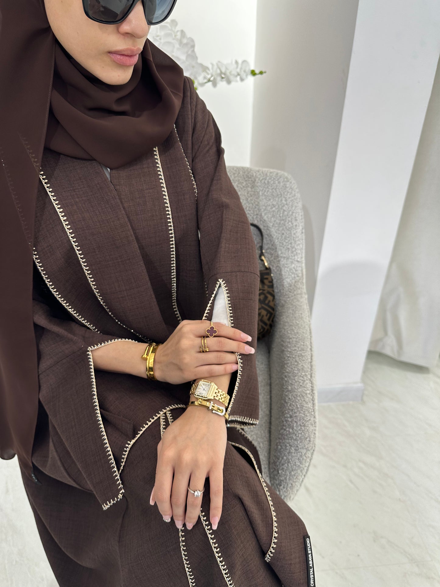 C RTW Brown Handwork Crochet Abaya