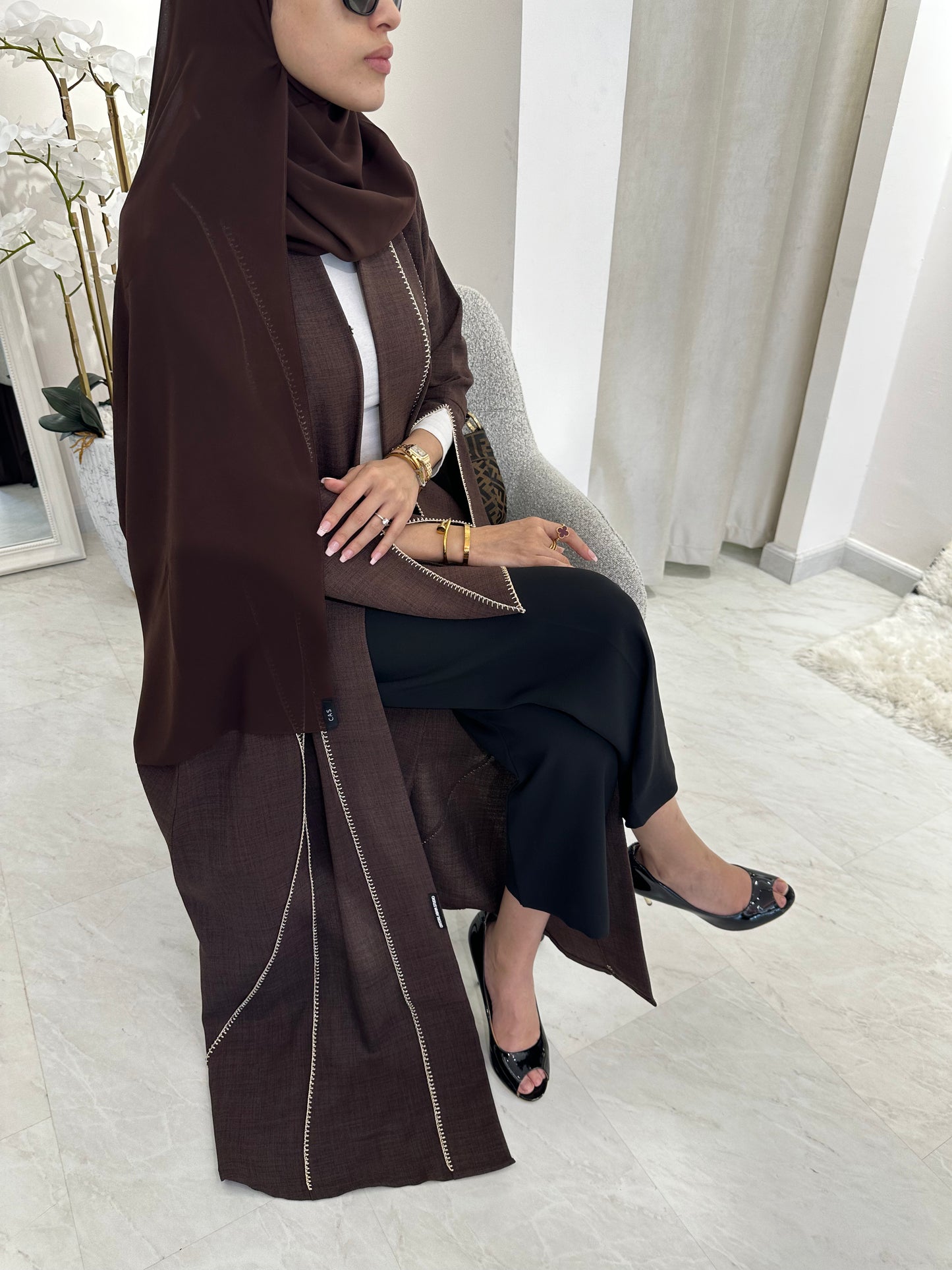 C RTW Brown Handwork Crochet Abaya