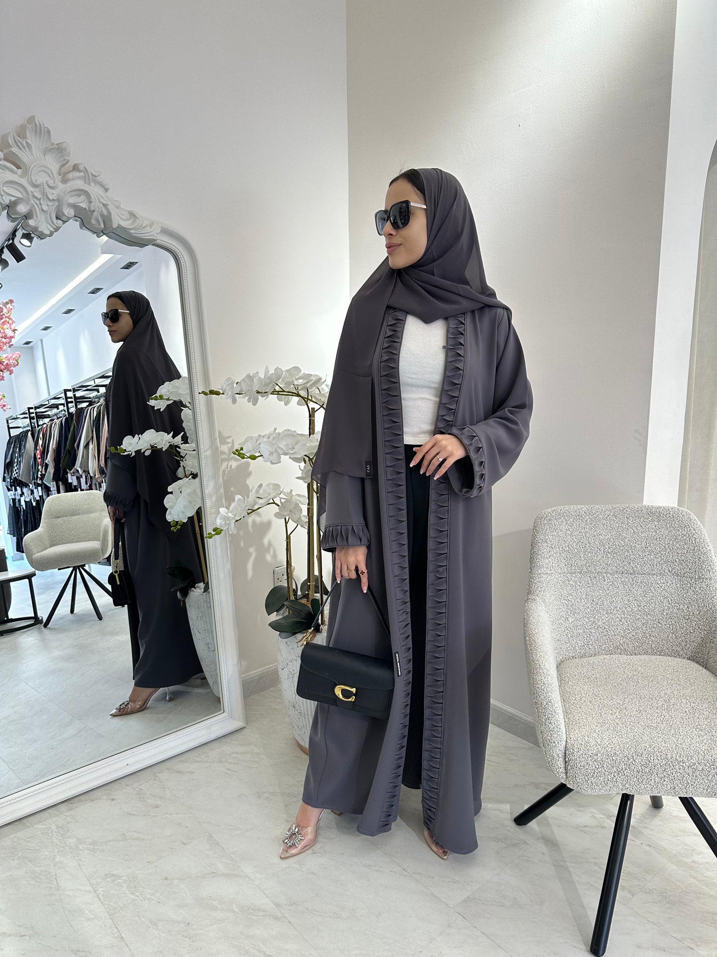 C Dark Grey Crepe Summer Abaya