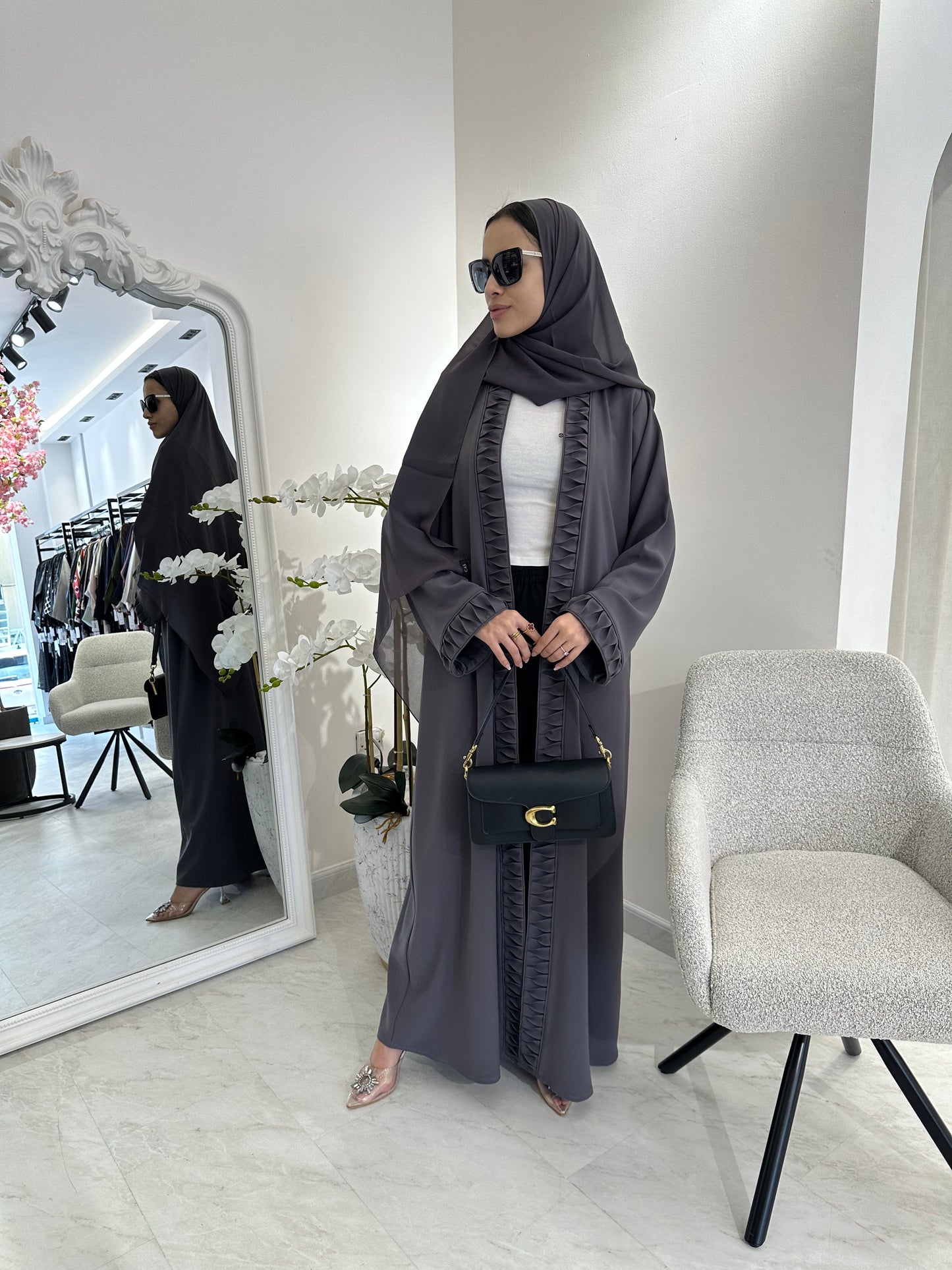 C Dark Grey Crepe Summer Abaya