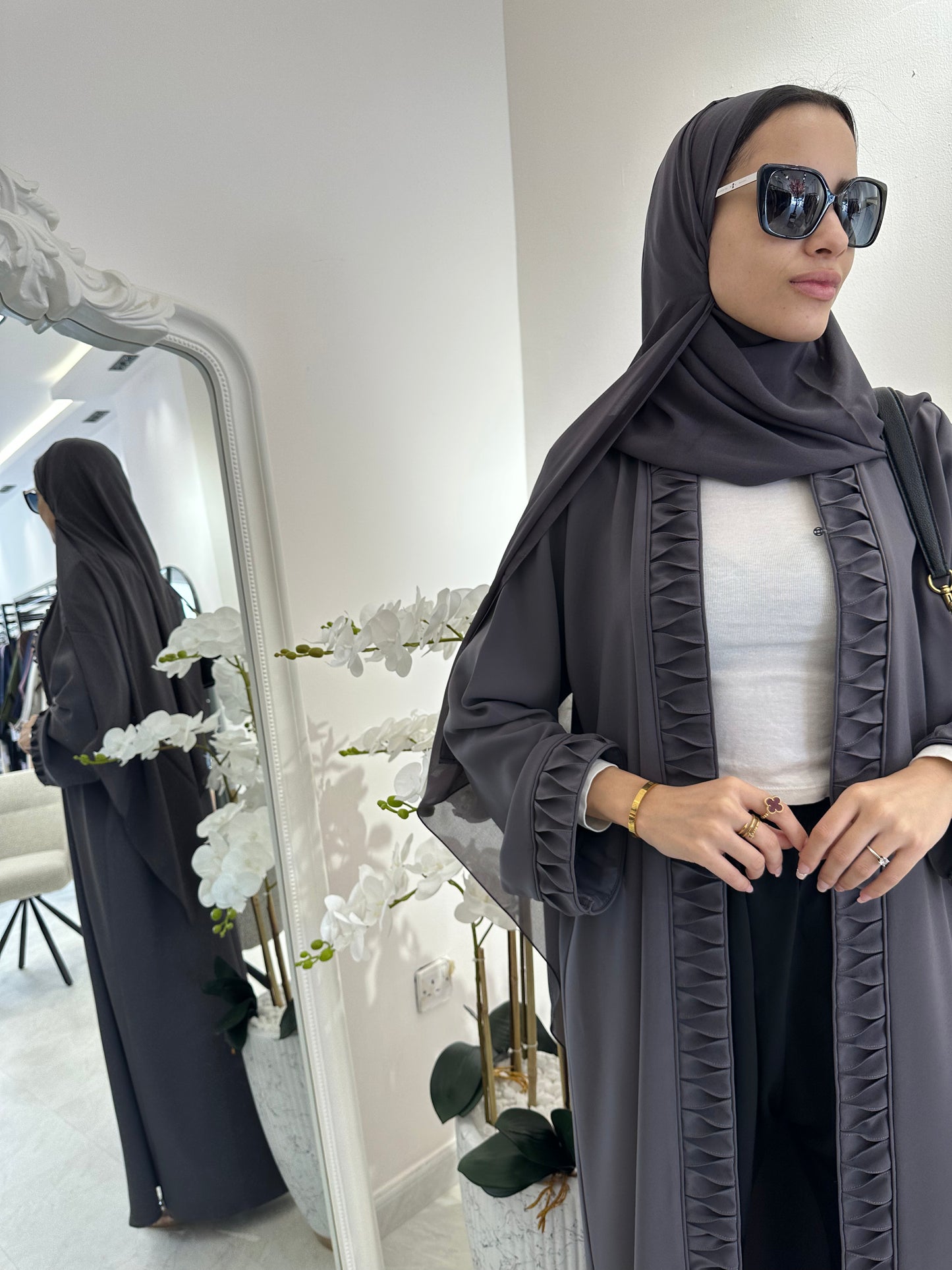 C Dark Grey Crepe Summer Abaya