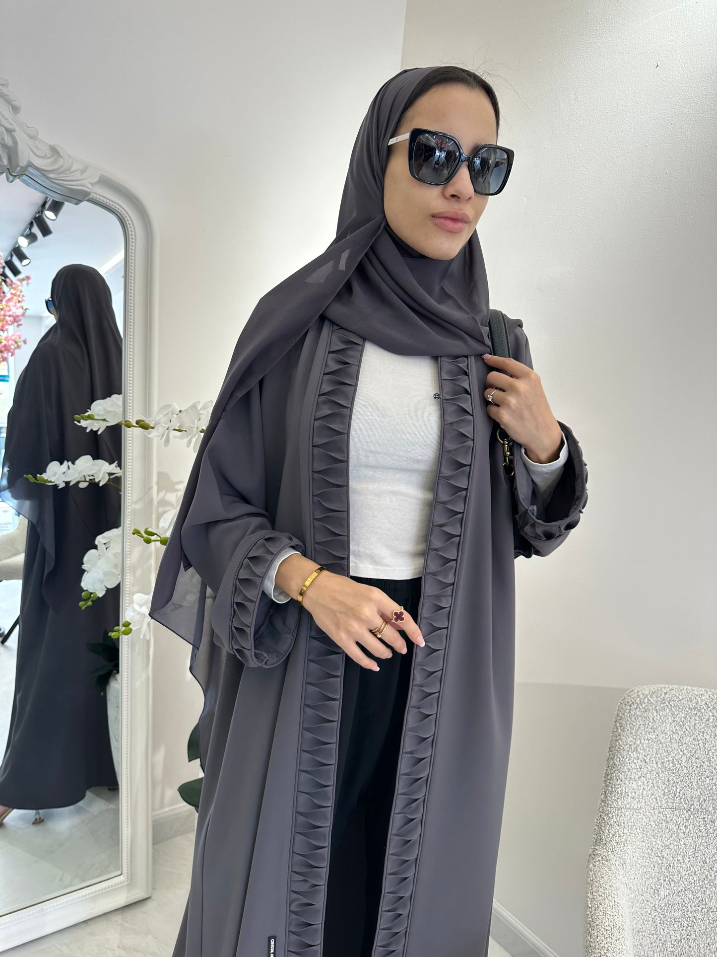 C Dark Grey Crepe Summer Abaya