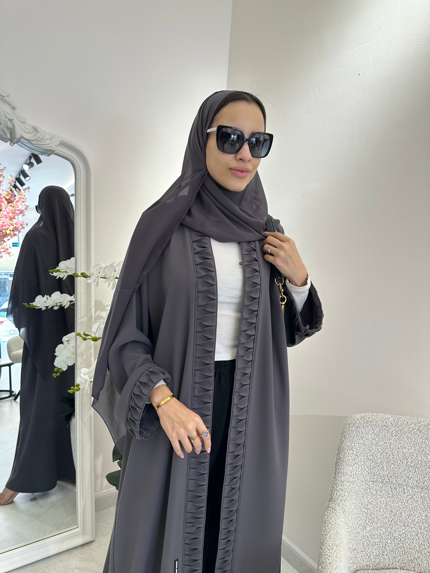 C Dark Grey Crepe Summer Abaya