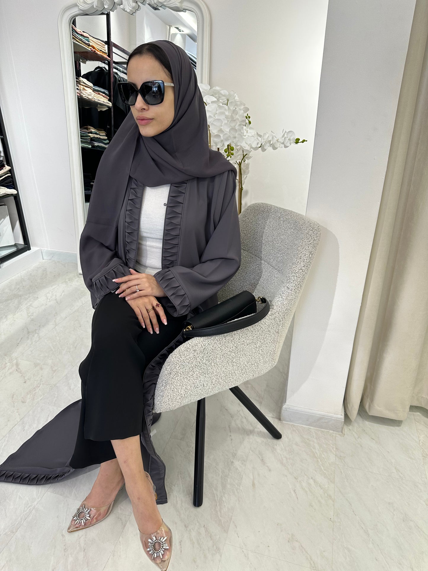 C Dark Grey Crepe Summer Abaya