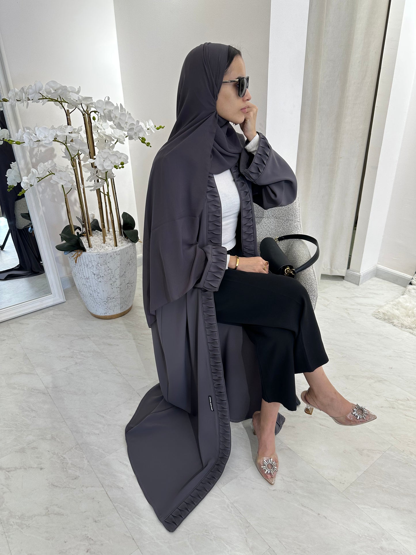 C Dark Grey Crepe Summer Abaya