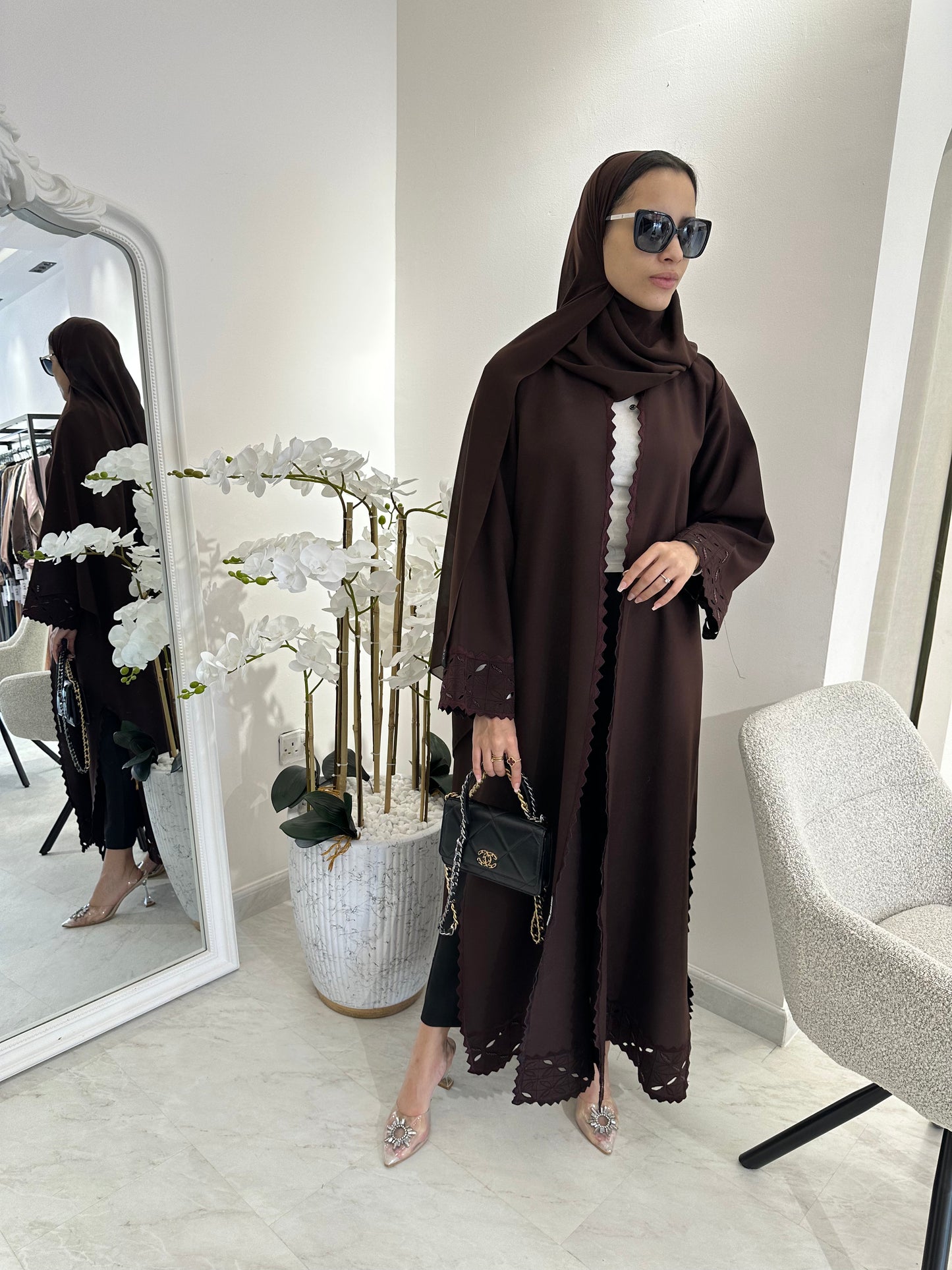 C Lasercut Brown Satin Abaya