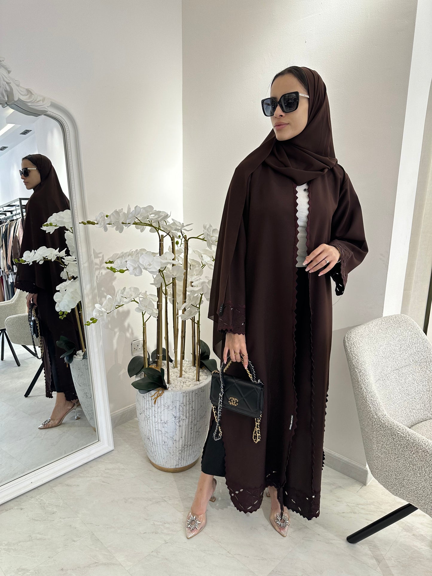 C Lasercut Brown Satin Abaya