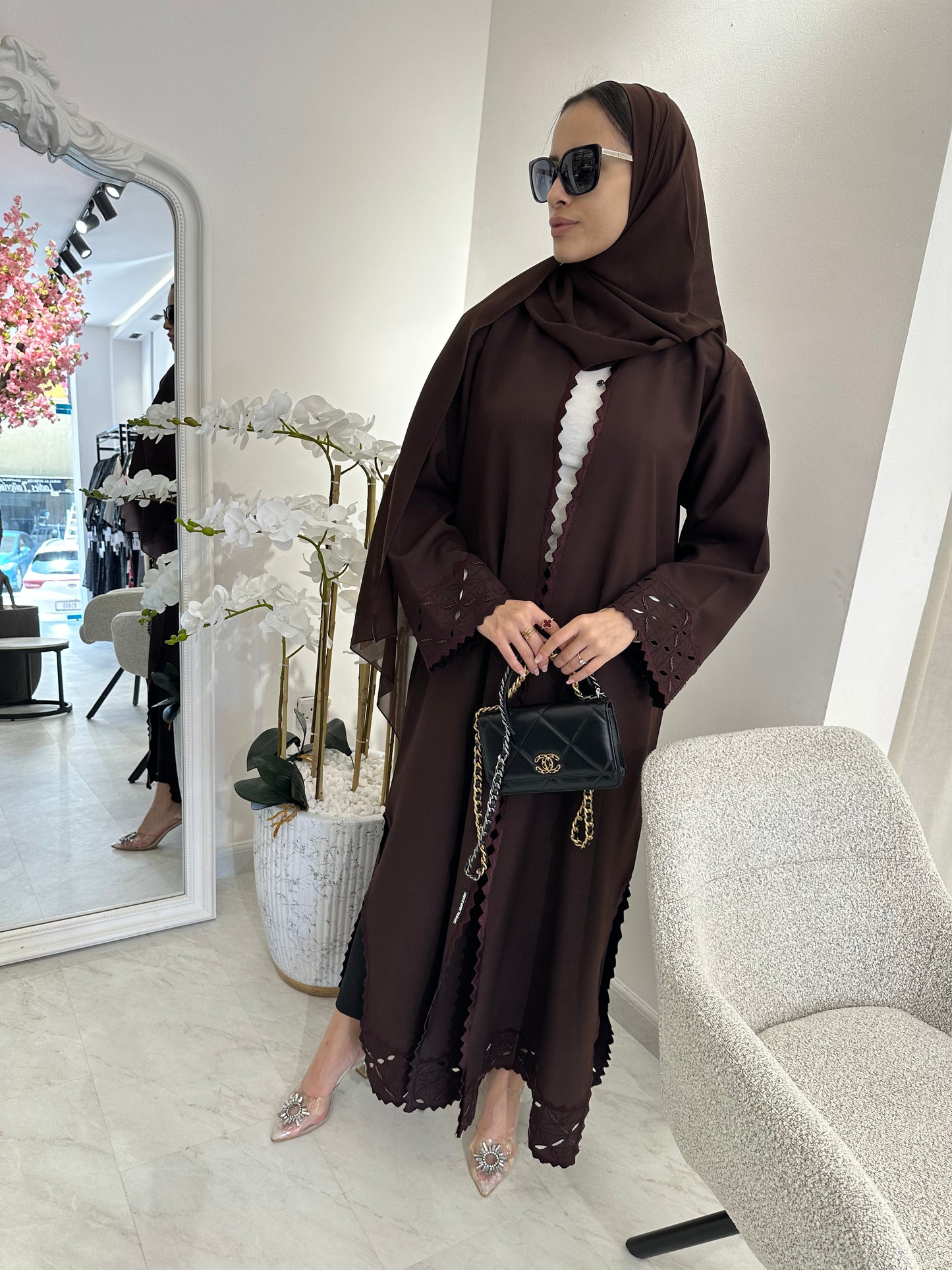 C Lasercut Brown Satin Abaya