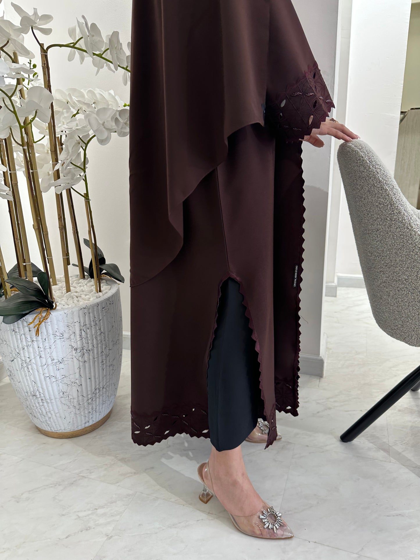 C Lasercut Brown Satin Abaya