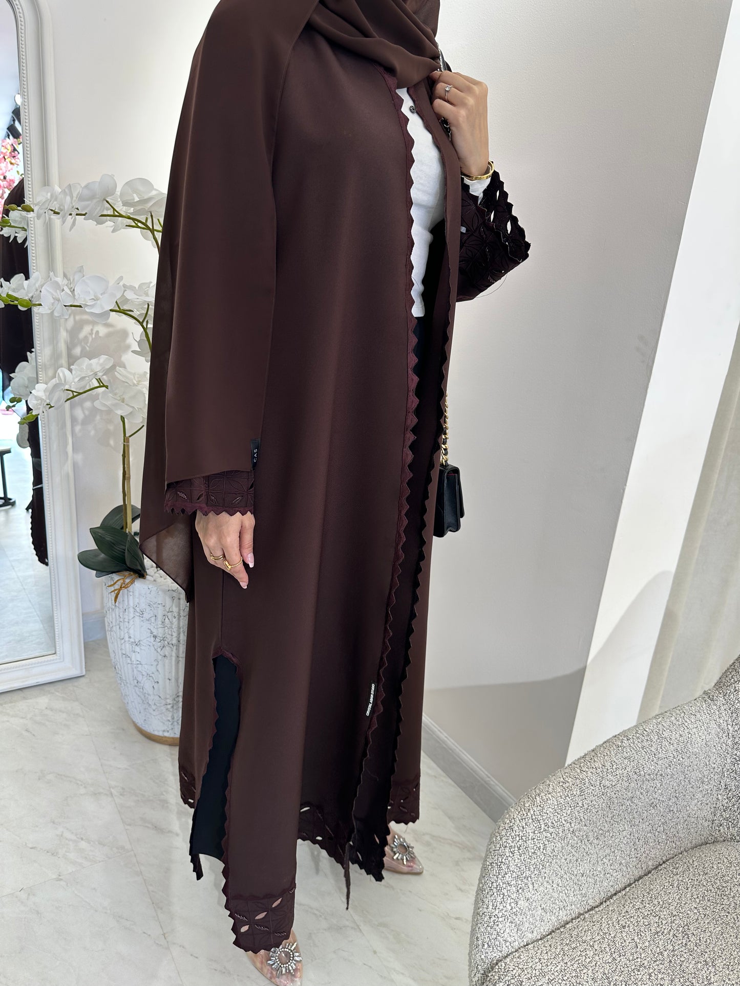 C Lasercut Brown Satin Abaya